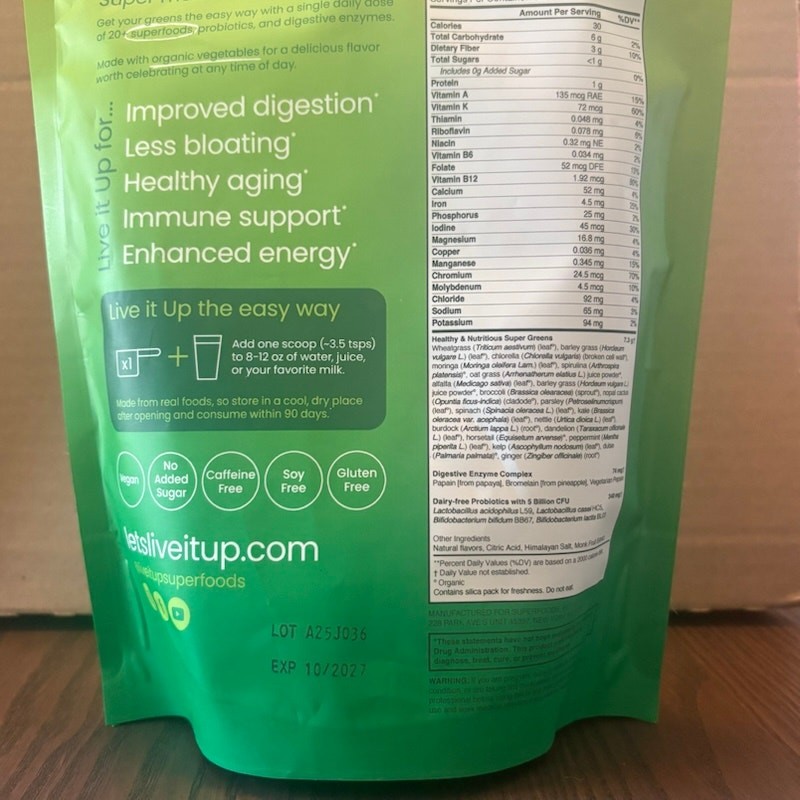 Live It Up Super Greens 30 Day Supply Wild Berry Exp 10-2027