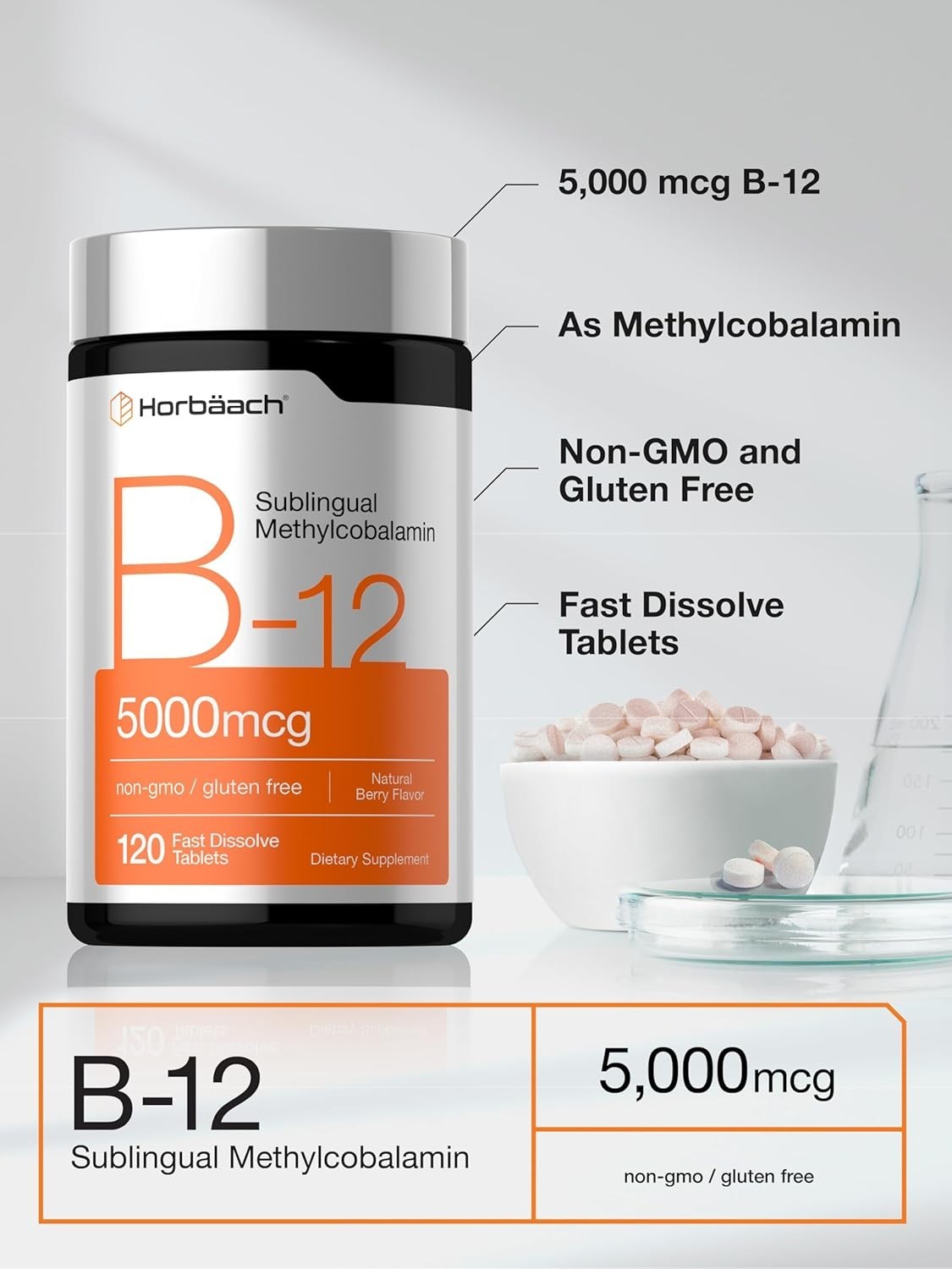 B12 Sublingual Methylcobalamin | 5000mcg | 120 Dissolvable Tablets | by Horbaach