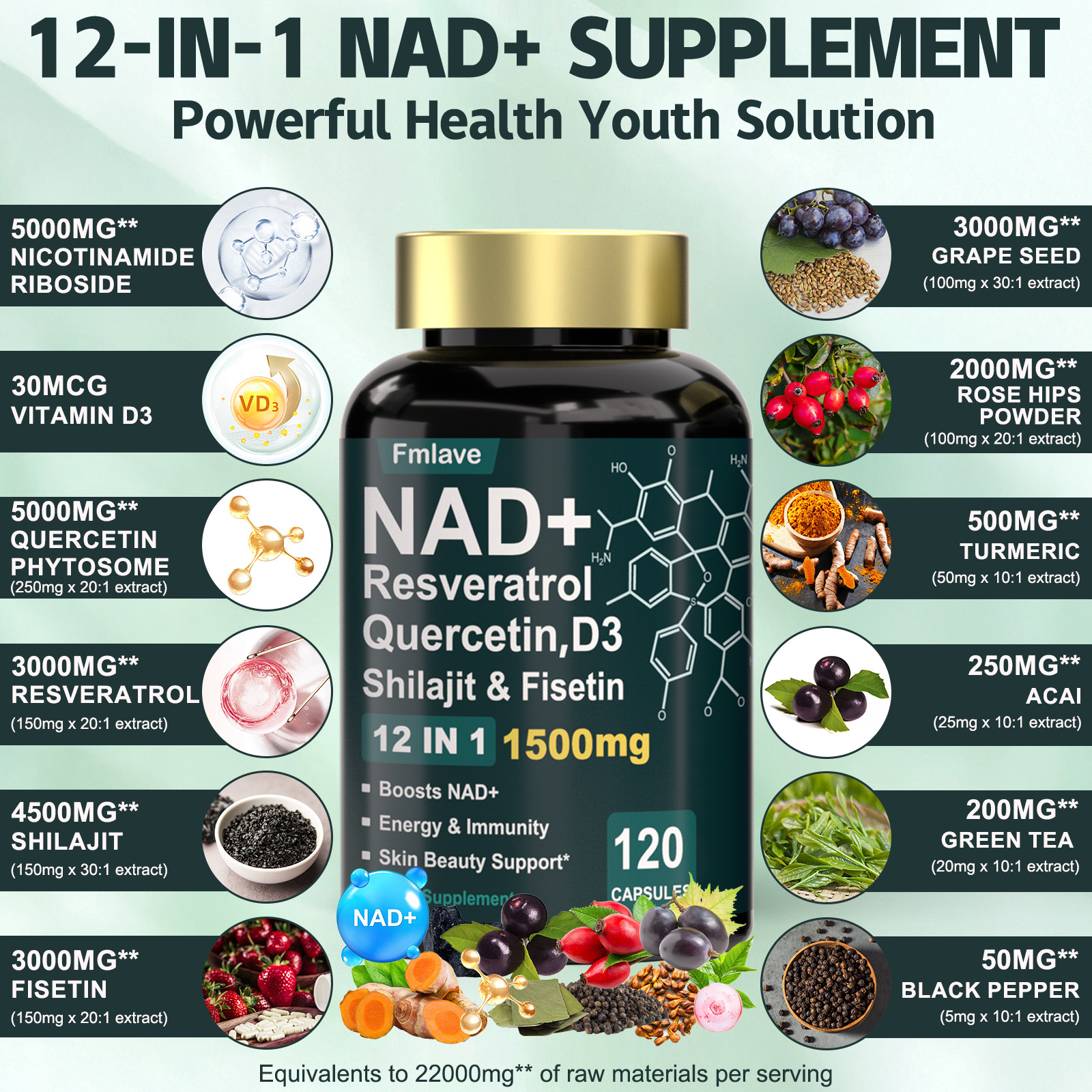 NAD supplement, 1500mg resveratrol containing supplement, 120 capsules USA Ship