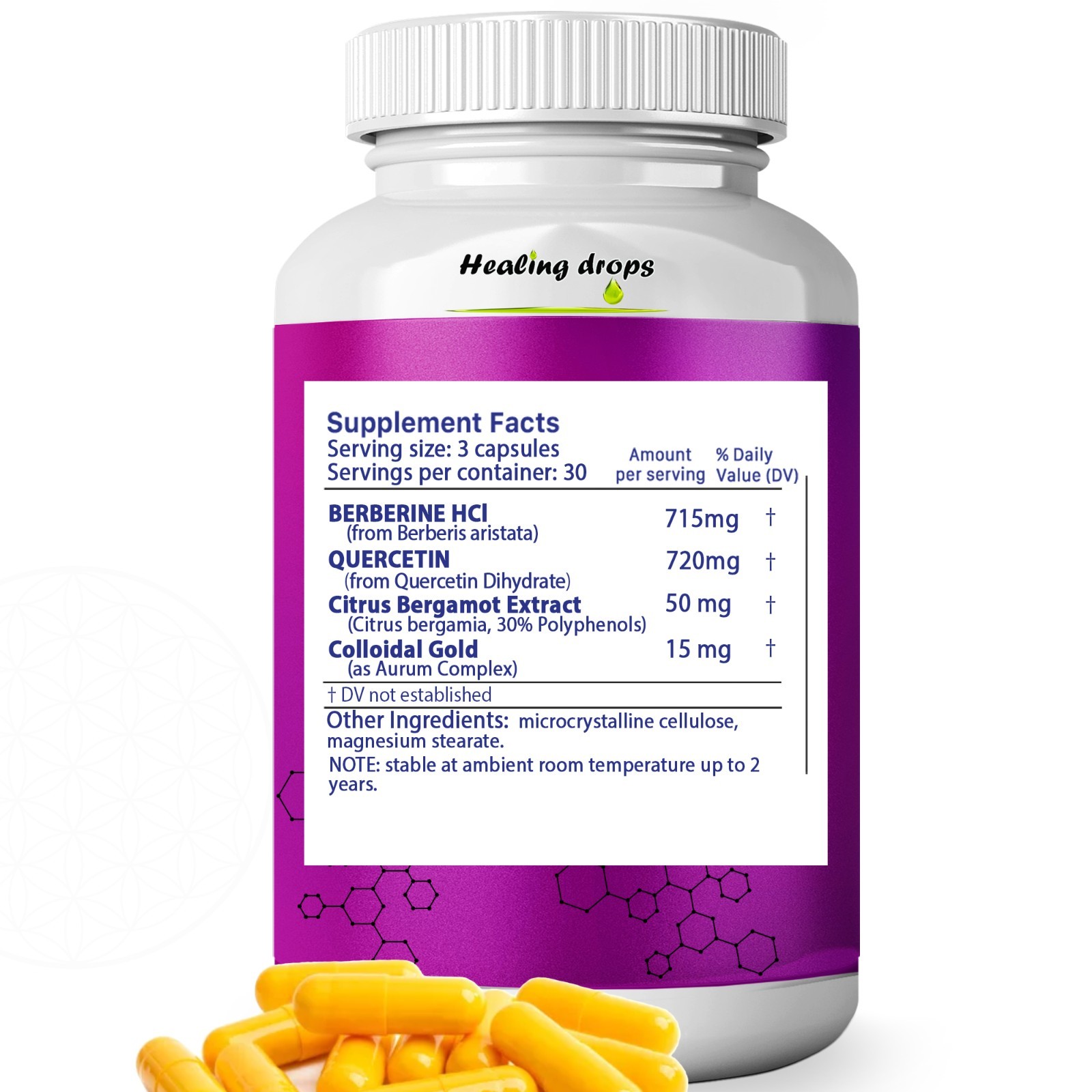 2 Pack- Berberine 715MG, Quercetin 720mg Colloidal Gold 15mg Citrus Bergamot 50m