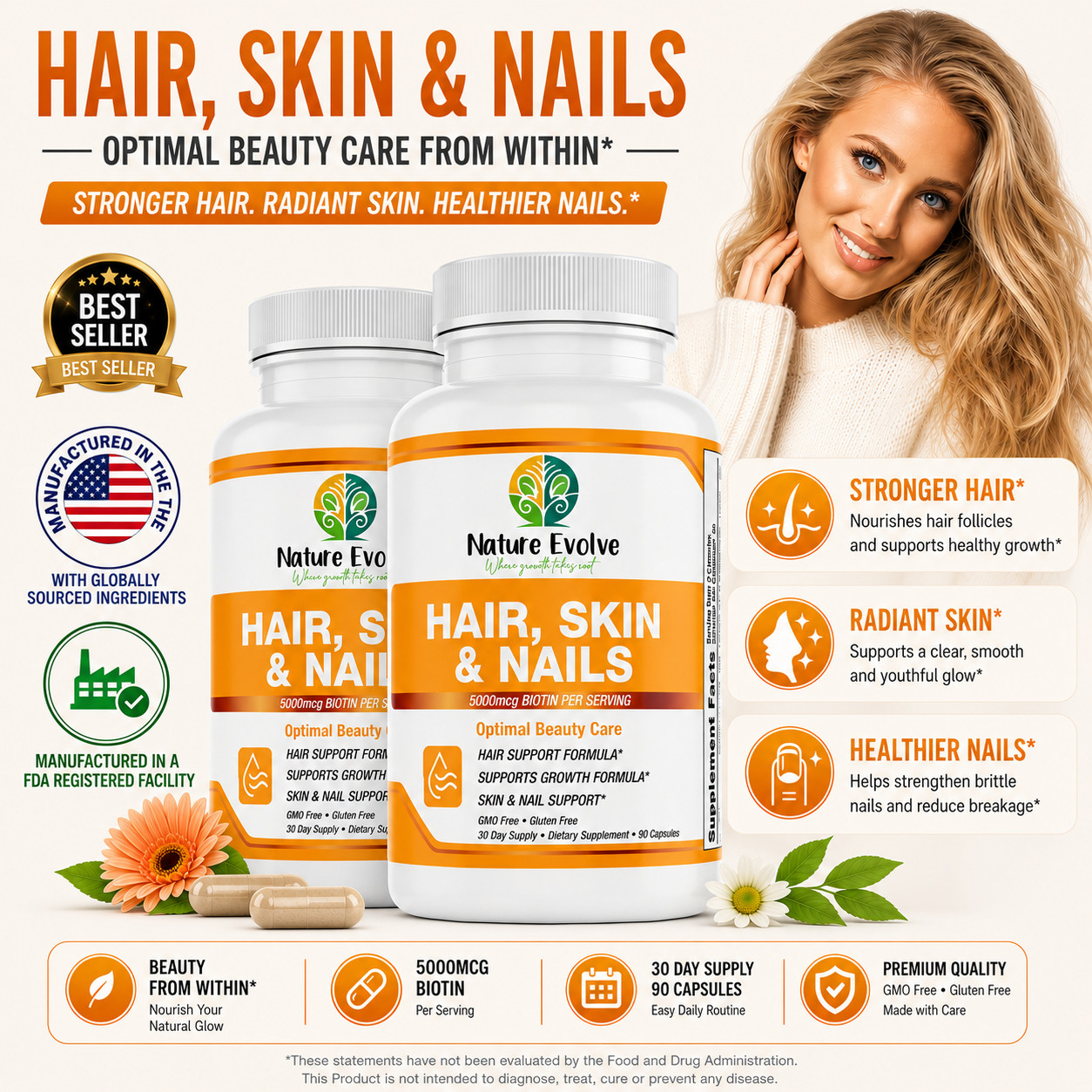 Nature Evolve Hair, Skin & Nails – 5000 mcg Biotin Beauty Formula – 90 Capsules