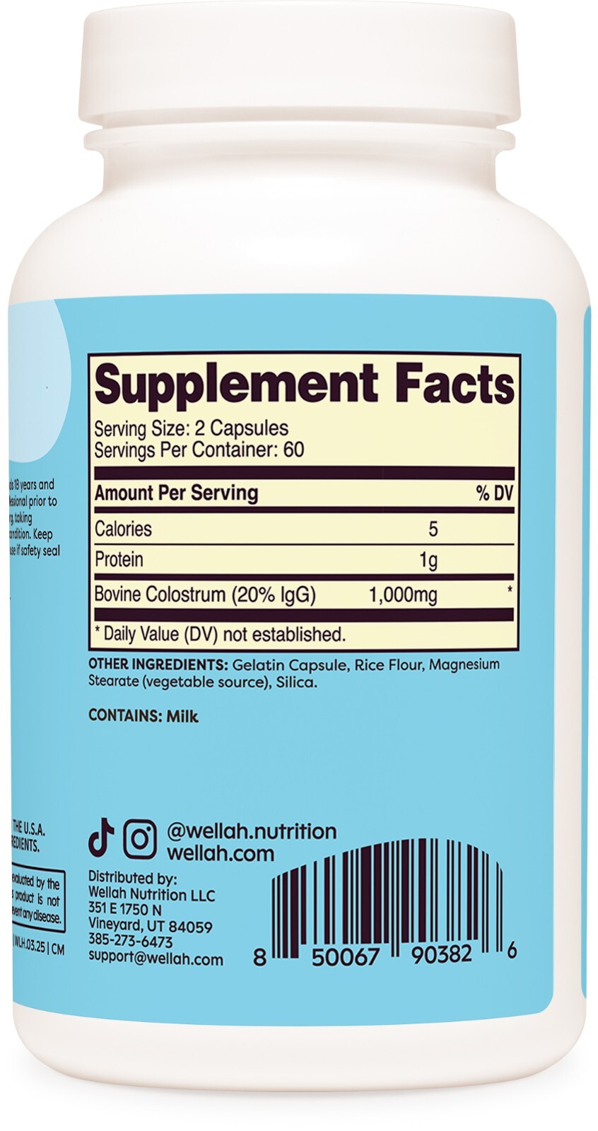 Wellah Pasteurized Colostrum Capsules (1,000mg) 120 Capsules – Bovine Colostrum
