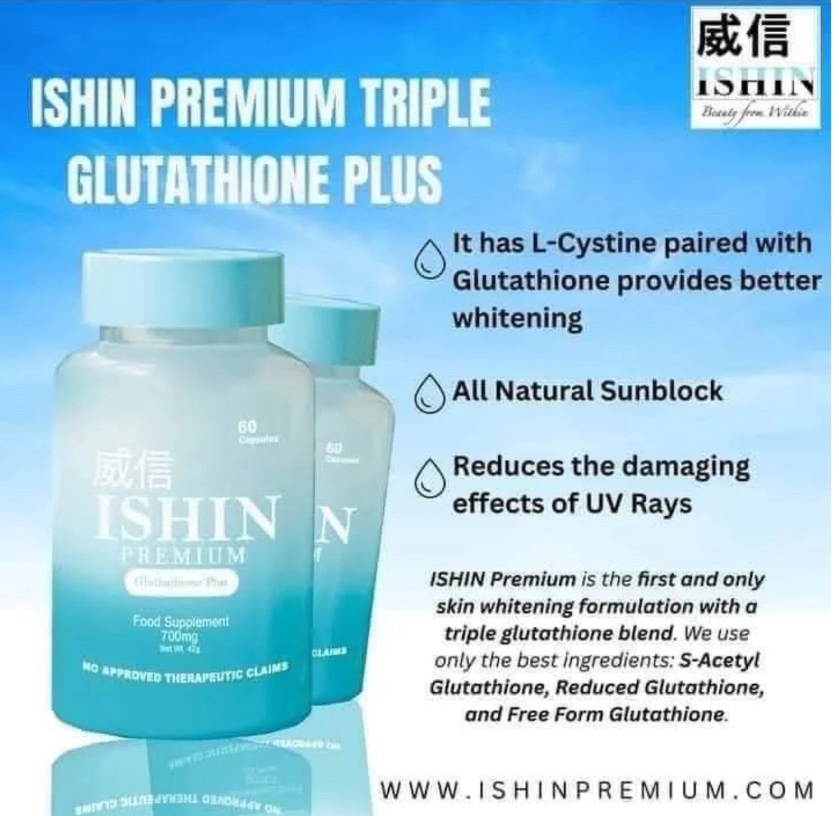 ISHIN Glutathione Premium Glutathione Plus Food Supplement, 60 Capsules