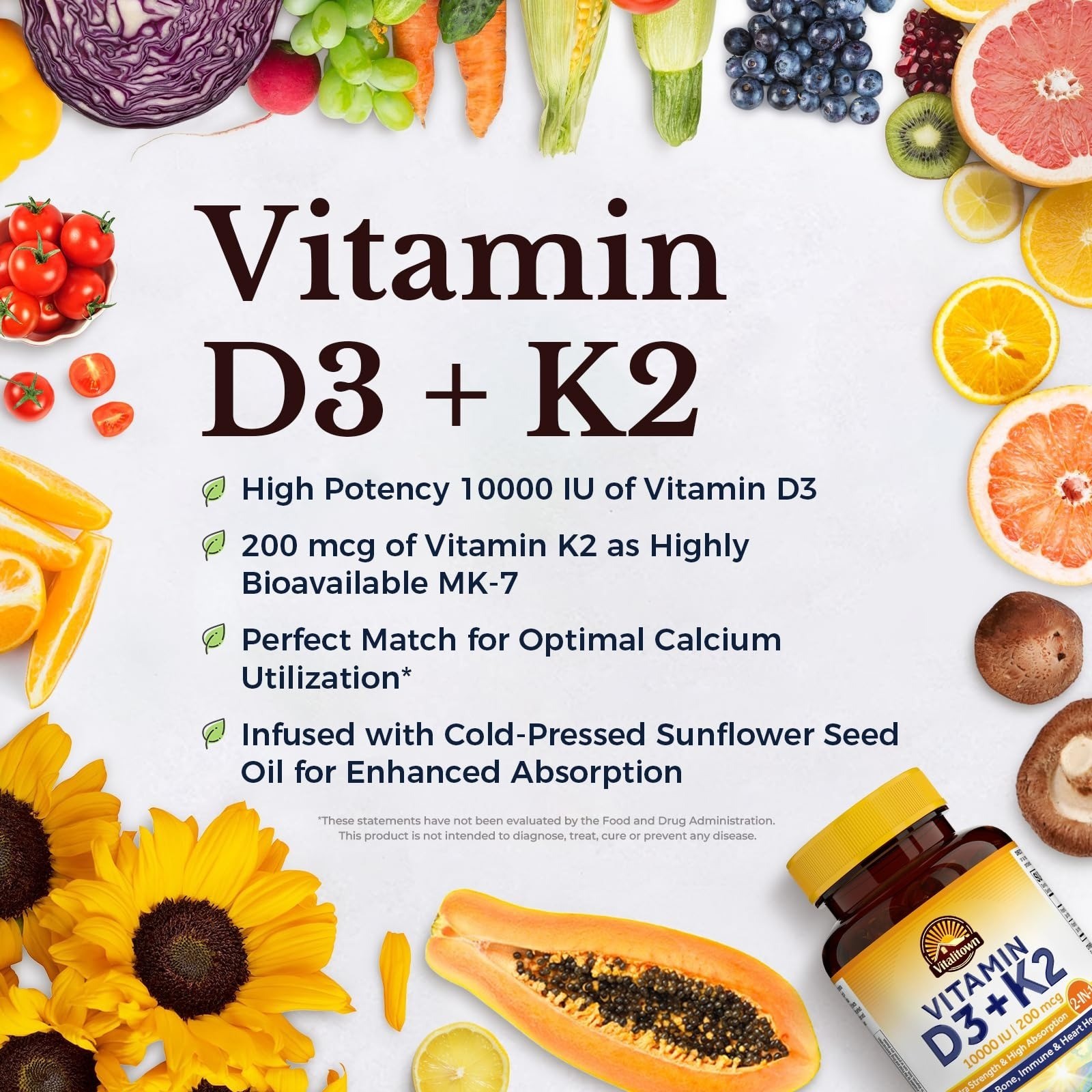 Vitalitown Vitamin D3 K2 Supplement 10000 IU 200 mcg 90 Softgels Non-GMO