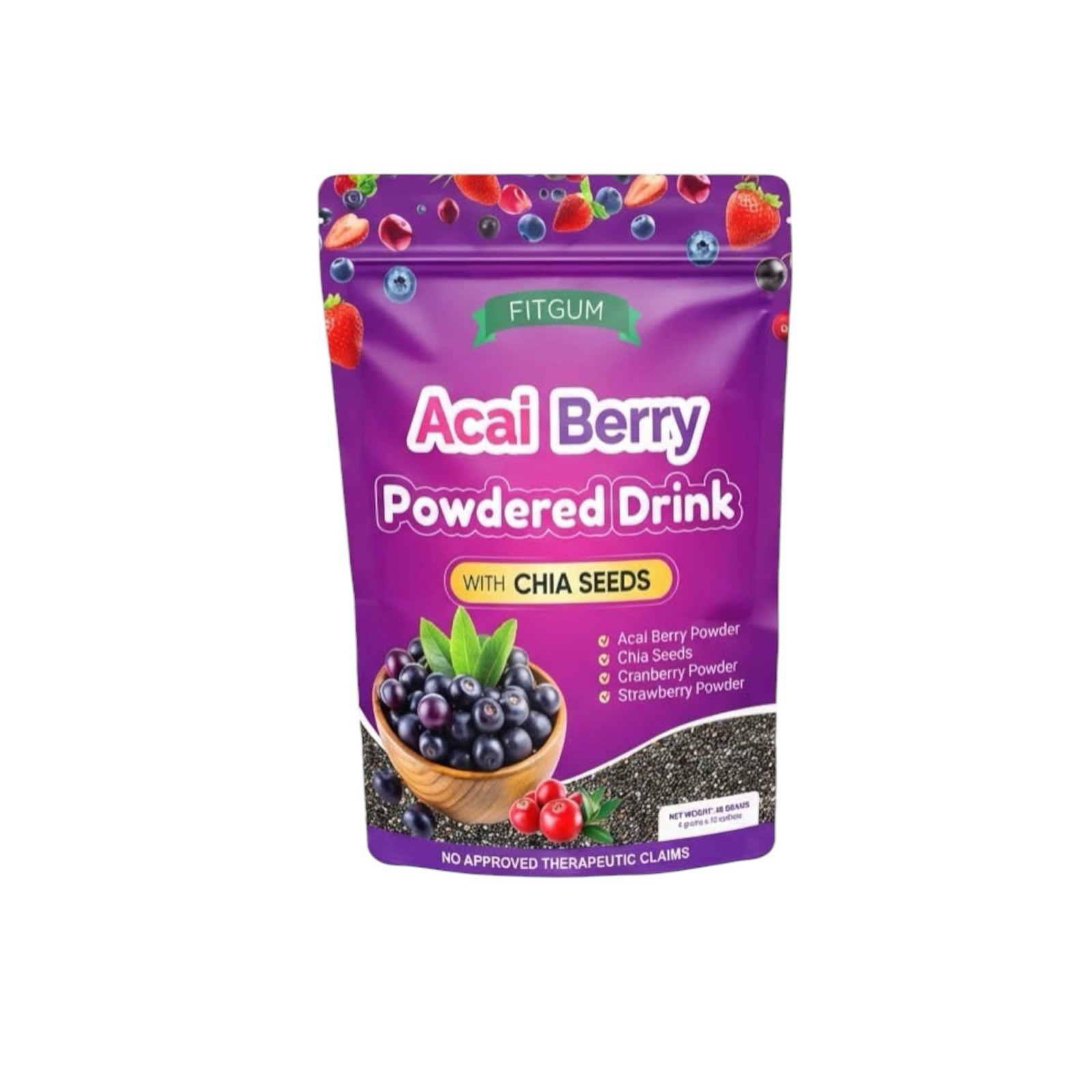 FITGUM Acai Berry Drink Powder with Chia Seeds 10 Sachets Daily Beverage