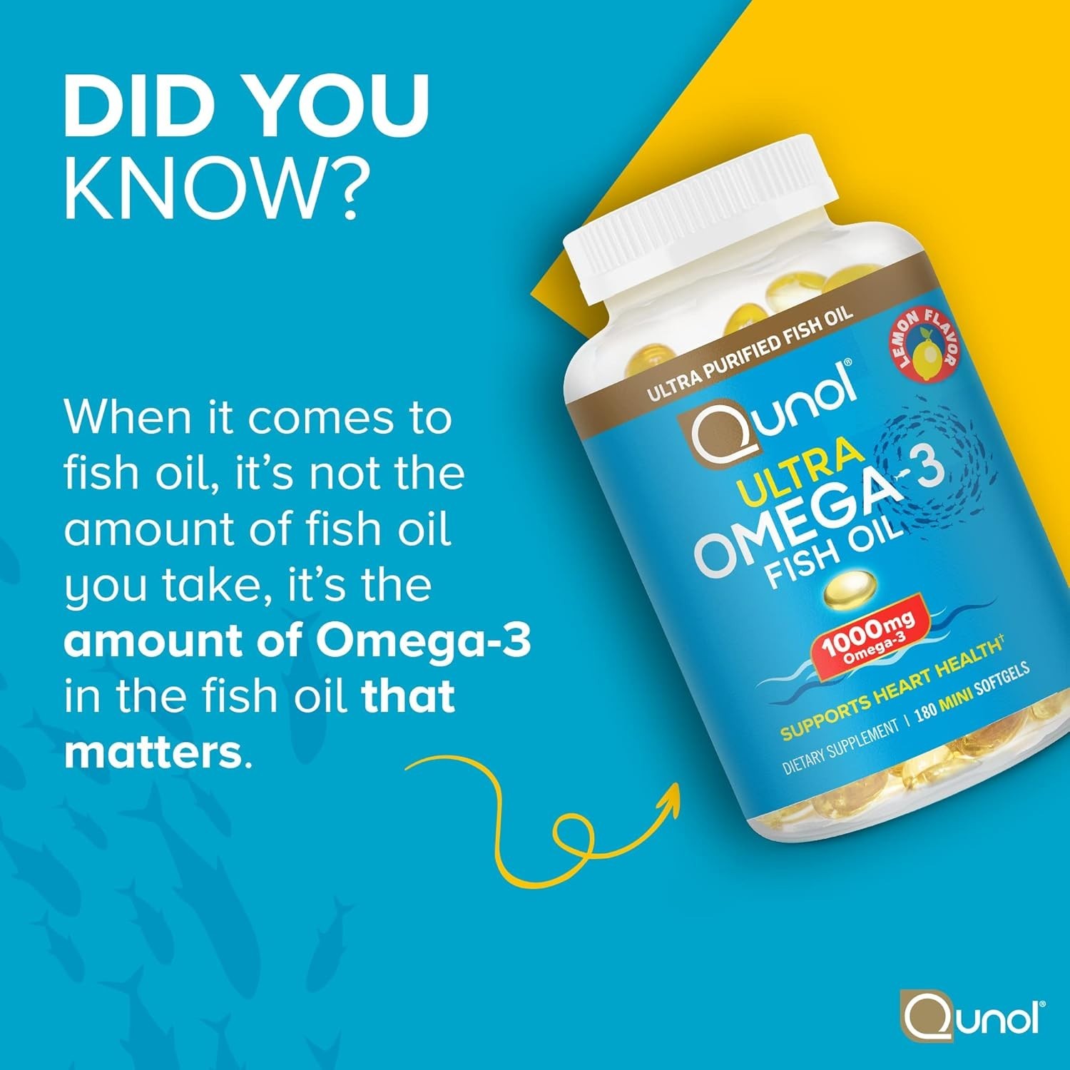 Fish Oil Mini Softgels, Qunol 1000mg Omega 3 EPA 180 Count (Pack of 1), Lemon