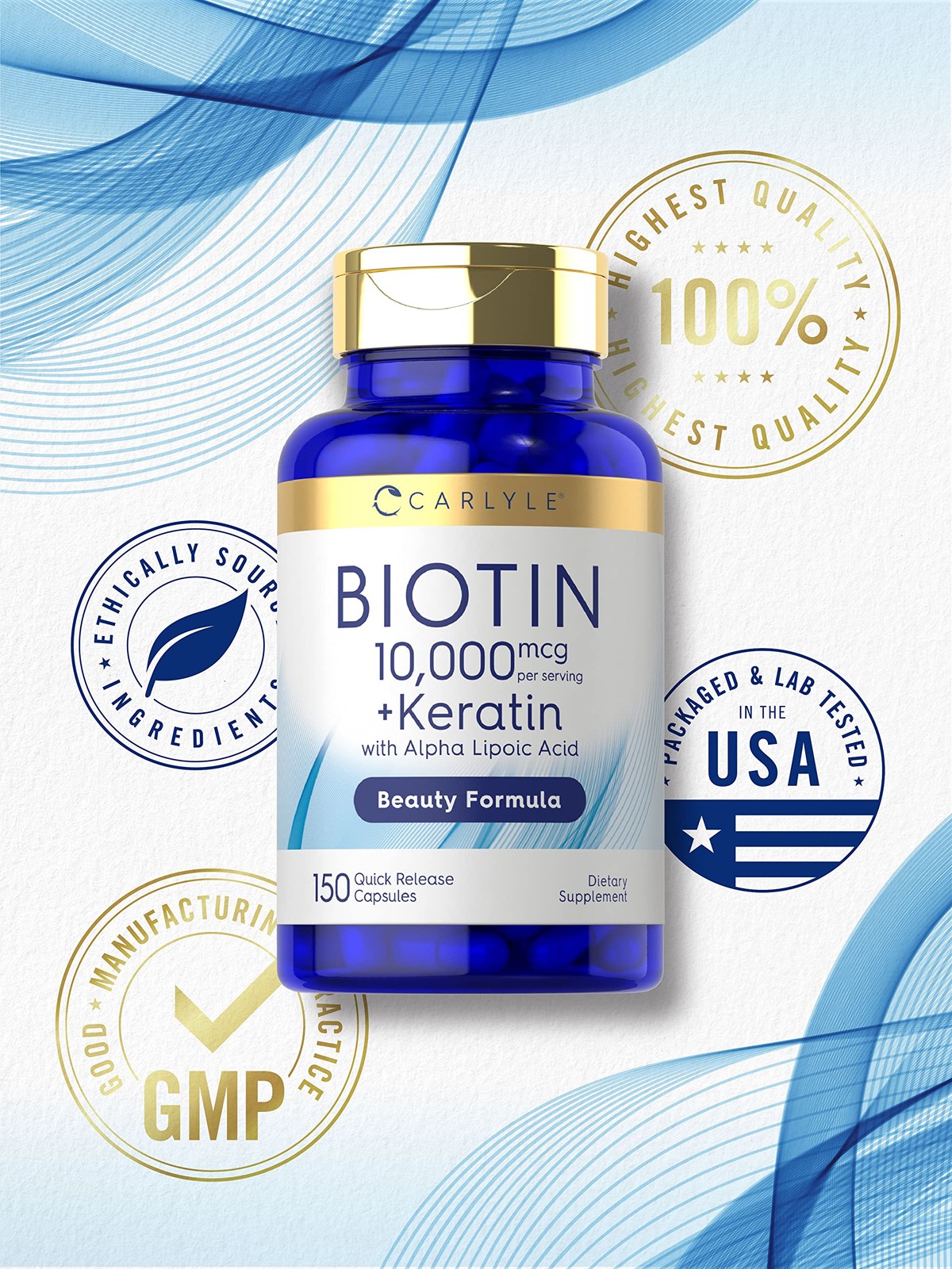 Carlyle Biotin 10000mcg | 150 Capsules | Beauty Formula with Keratin | Non-GMO,