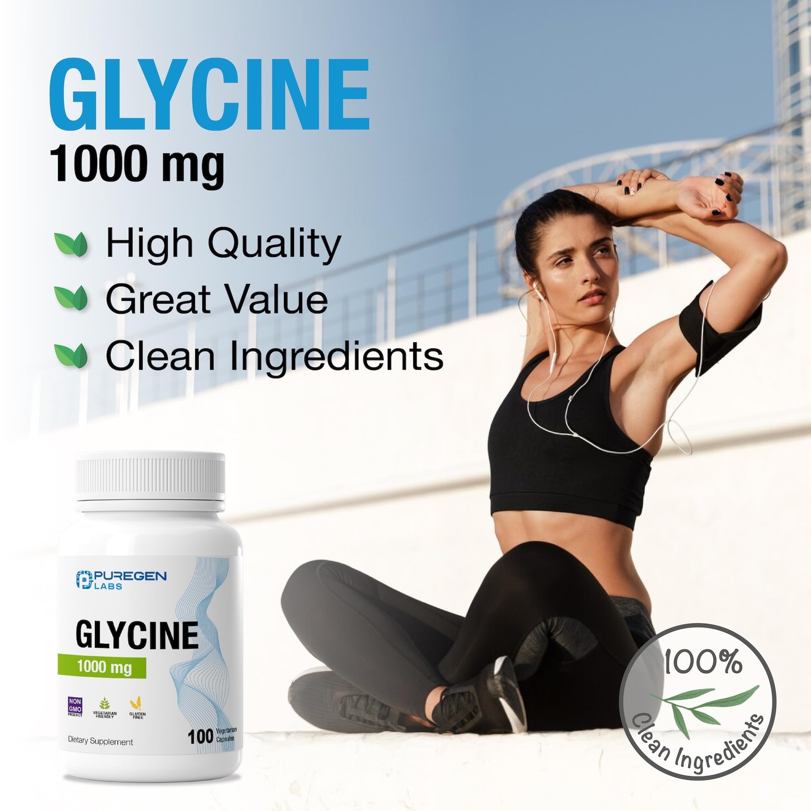 Puregen Labs Glycine 1000mg [High Potency] 100 100 Count (Pack of 2)