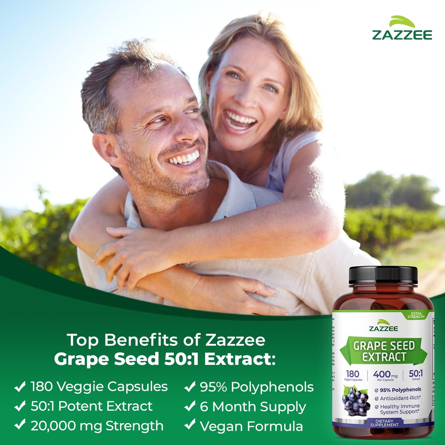 High Strength Grape Seed Extract 400mg, 180 Vegan Capsules, 95% Polyphenols, …