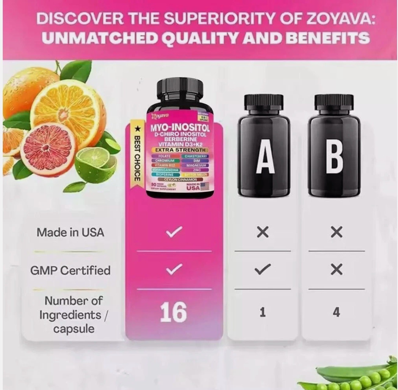Zoyava Myo-Inositol D-Chiro Inositol Berberine D3+K2 – 90 Caps – Free Shipping