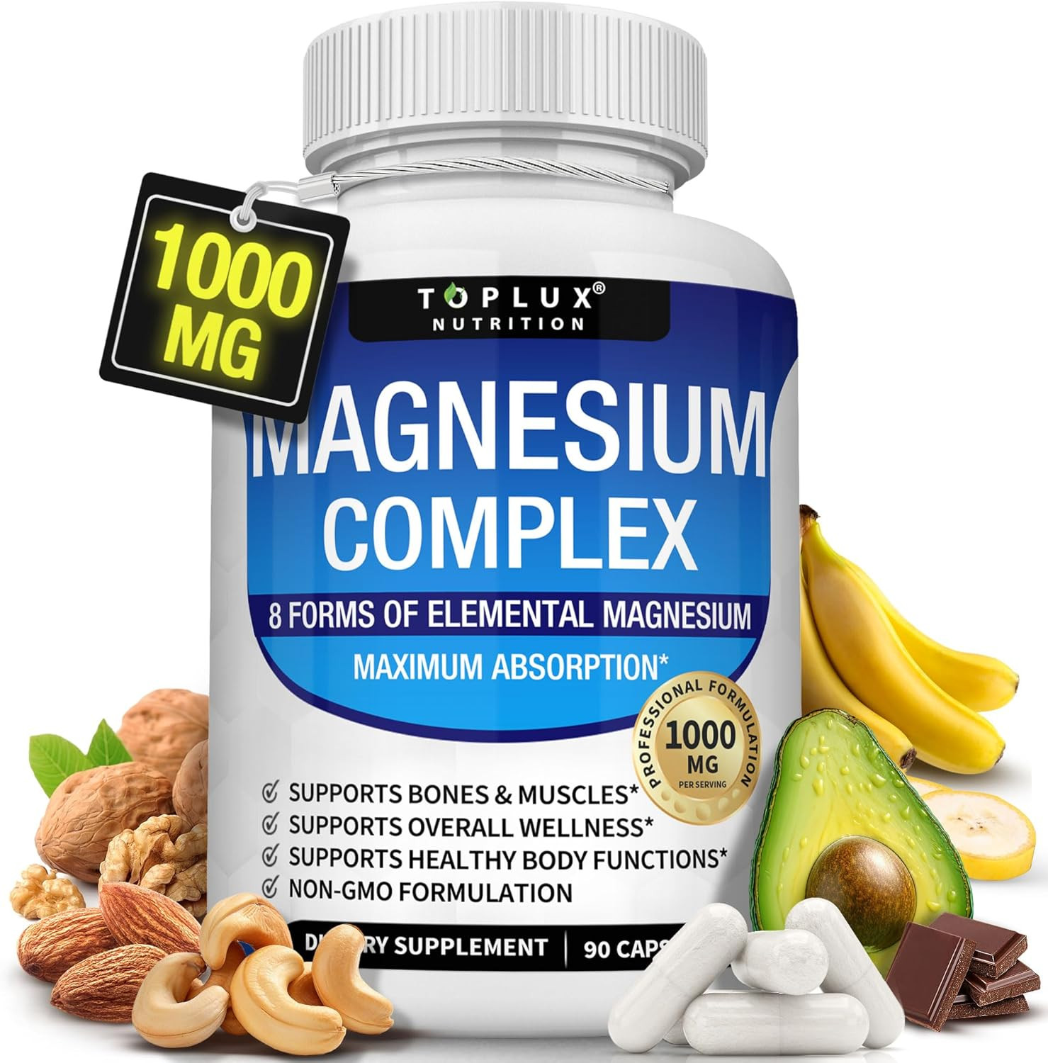 Magnesium Complex Glycinate, – 1000mg Citrate, Malate, Vegan, 90 Capsules