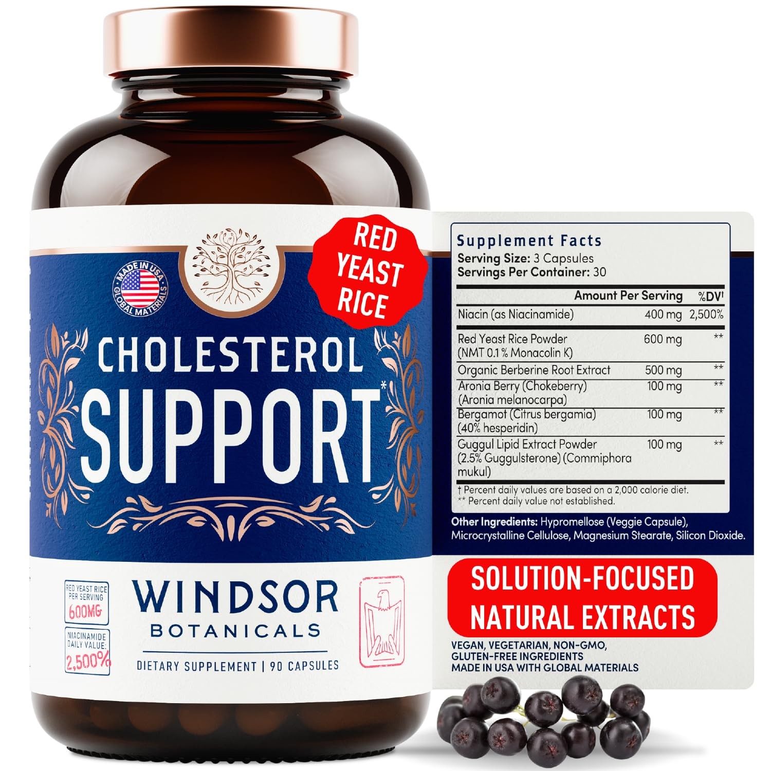 WINDSOR BOTANICALS Cholesterol Supplements – Citrus Bergamot, Niacin, Red Yeast