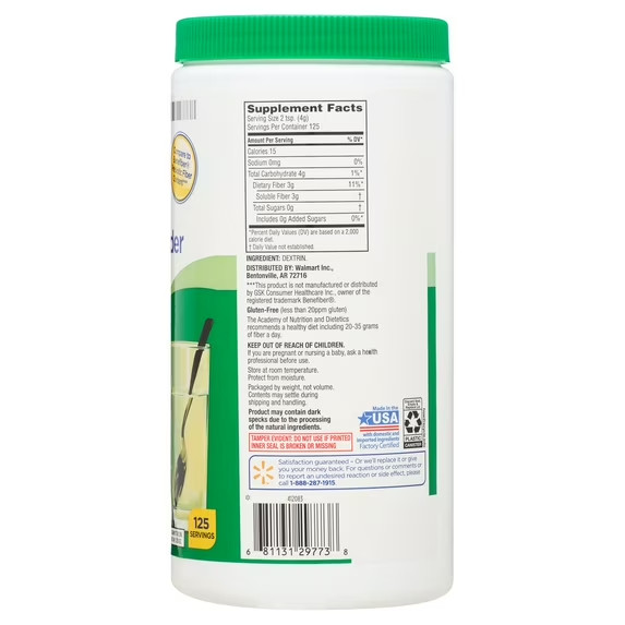 Equate Sugar Free Fiber Powder 17.6 Oz Prebiotic Supplement 100% Natural