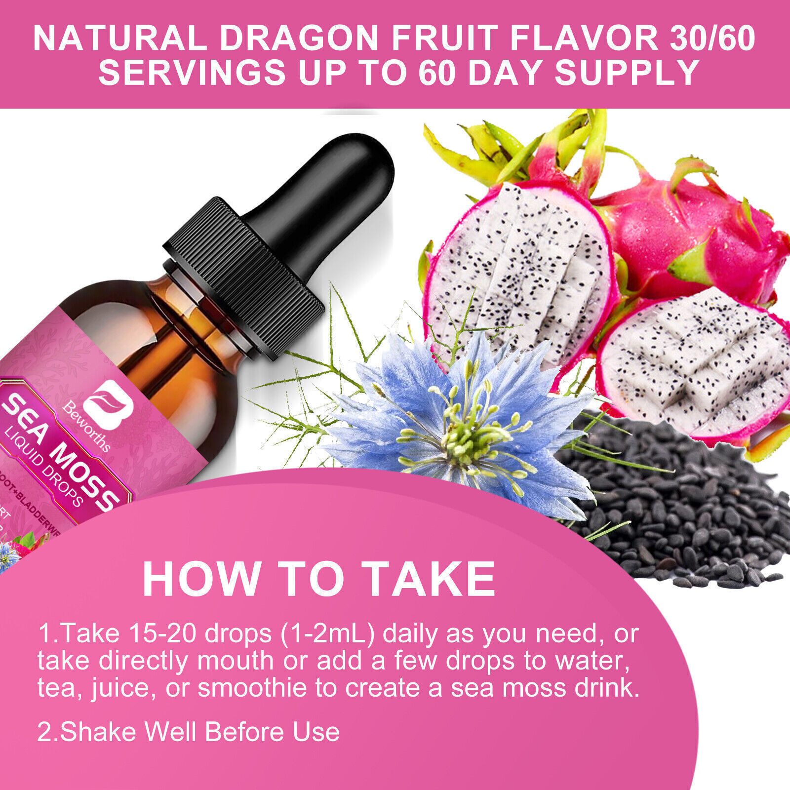 2 Bottles 60ml Sea Moss Drops with Organic Soursop Supplement Liquid Drops