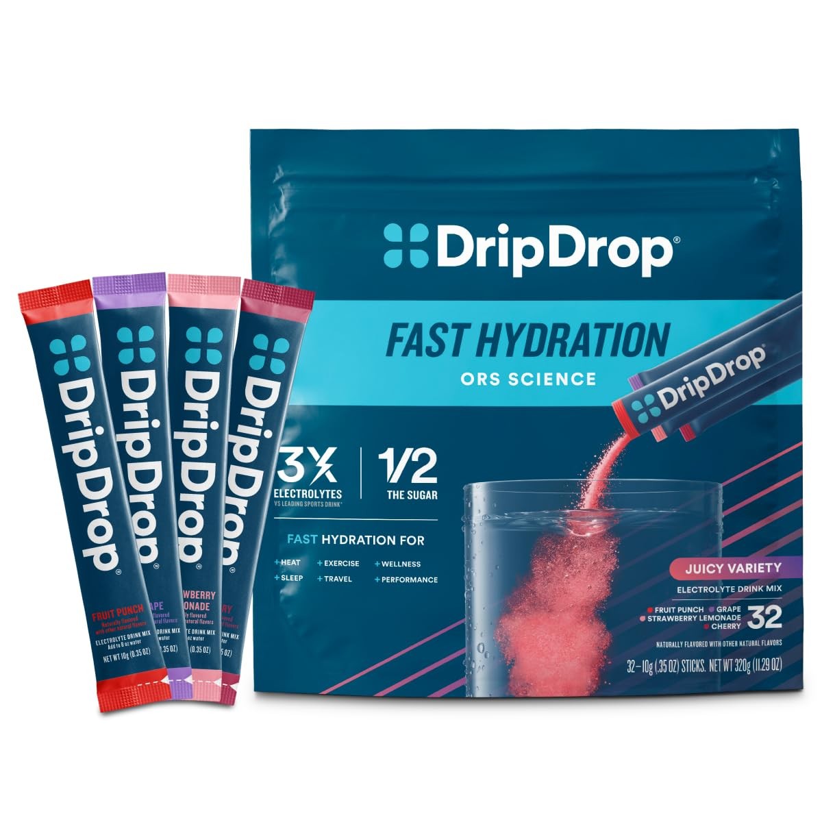 DripDrop Hydration 32 Count, Grape, Fruit Punch, Strawberry Lemonade, Cherry