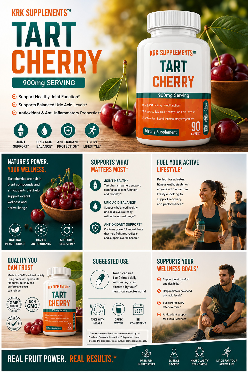 1 Bottle Tart Cherry Extract 900mg Anthocyanins for Gout Joint Pain Arthritis