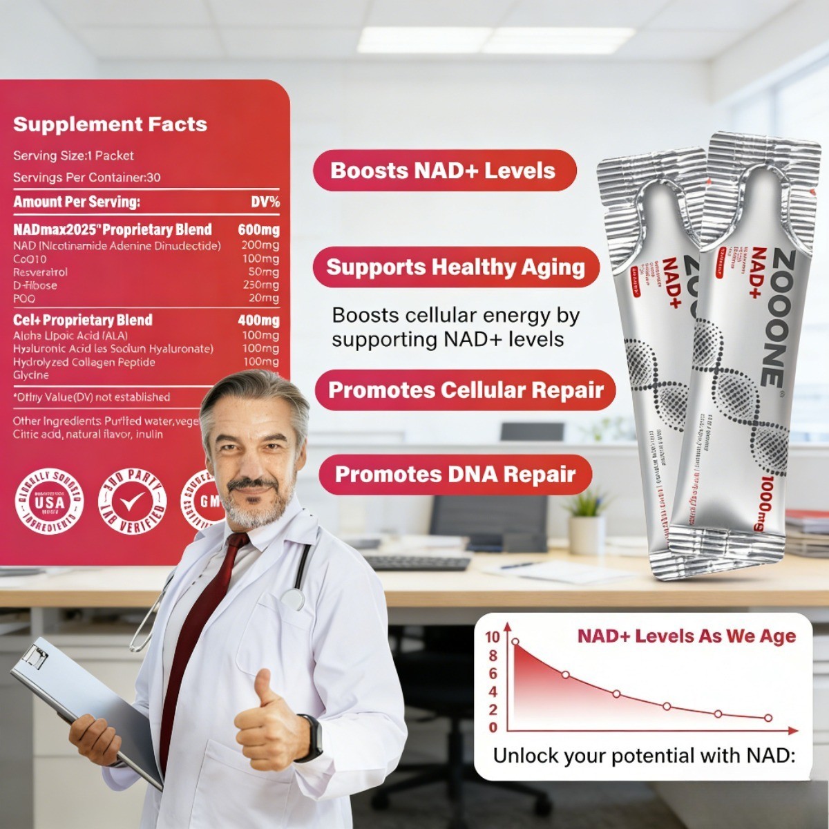 ZOOONE NR1000 NAD+ Berry Drink Mix for Skin Aging Support, Energy & Focus