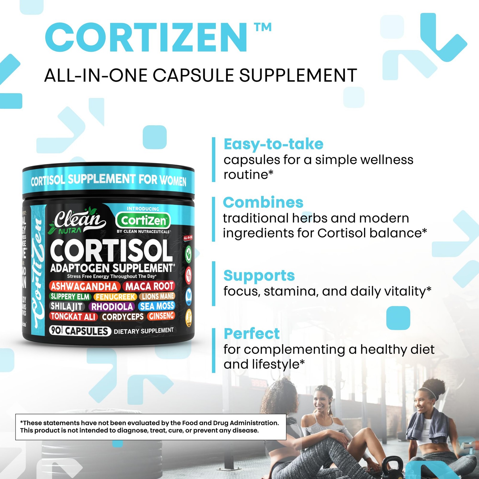 Clean Nutra Cortisol Supplements For Women | 90 Count (Pack of 1), Black/Teal