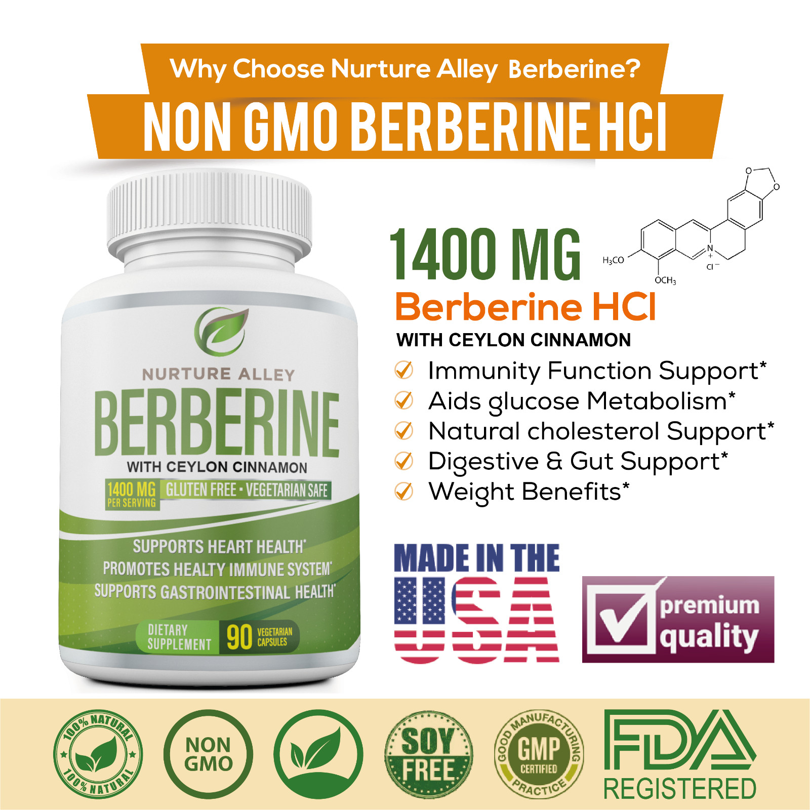 Nurture Alley Premium Berberine HCL 1400mg Plus Organic Ceylon Cinnamon 90 Caps