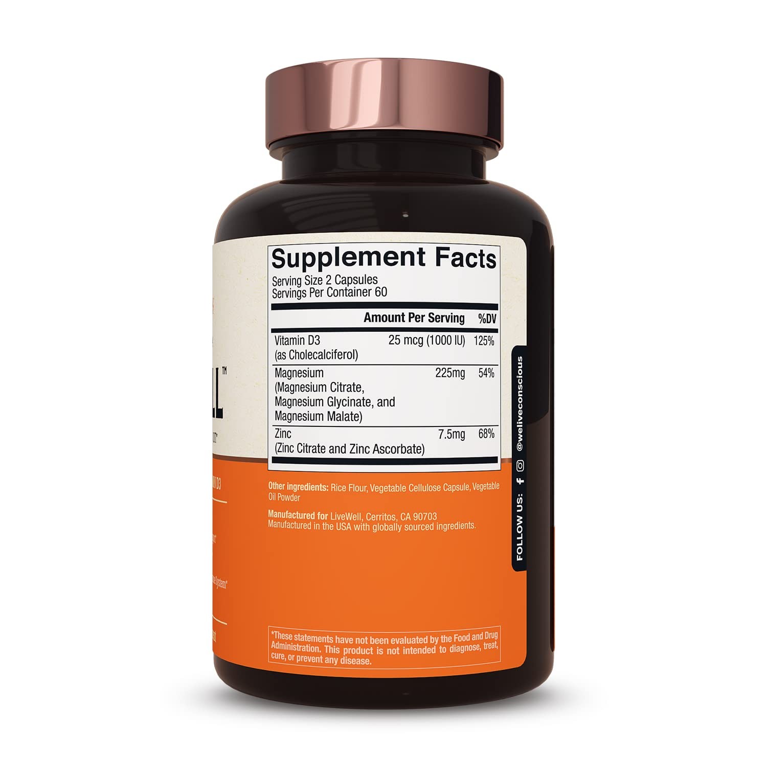 Live Conscious Magwell Magnesium Zinc & Vitamin D3 – 120 Count (Pack of 1)
