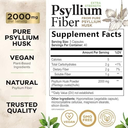 High Absorption Psyllium Husk Capsules 2000mg Daily Fiber Supplement, Psyllium..