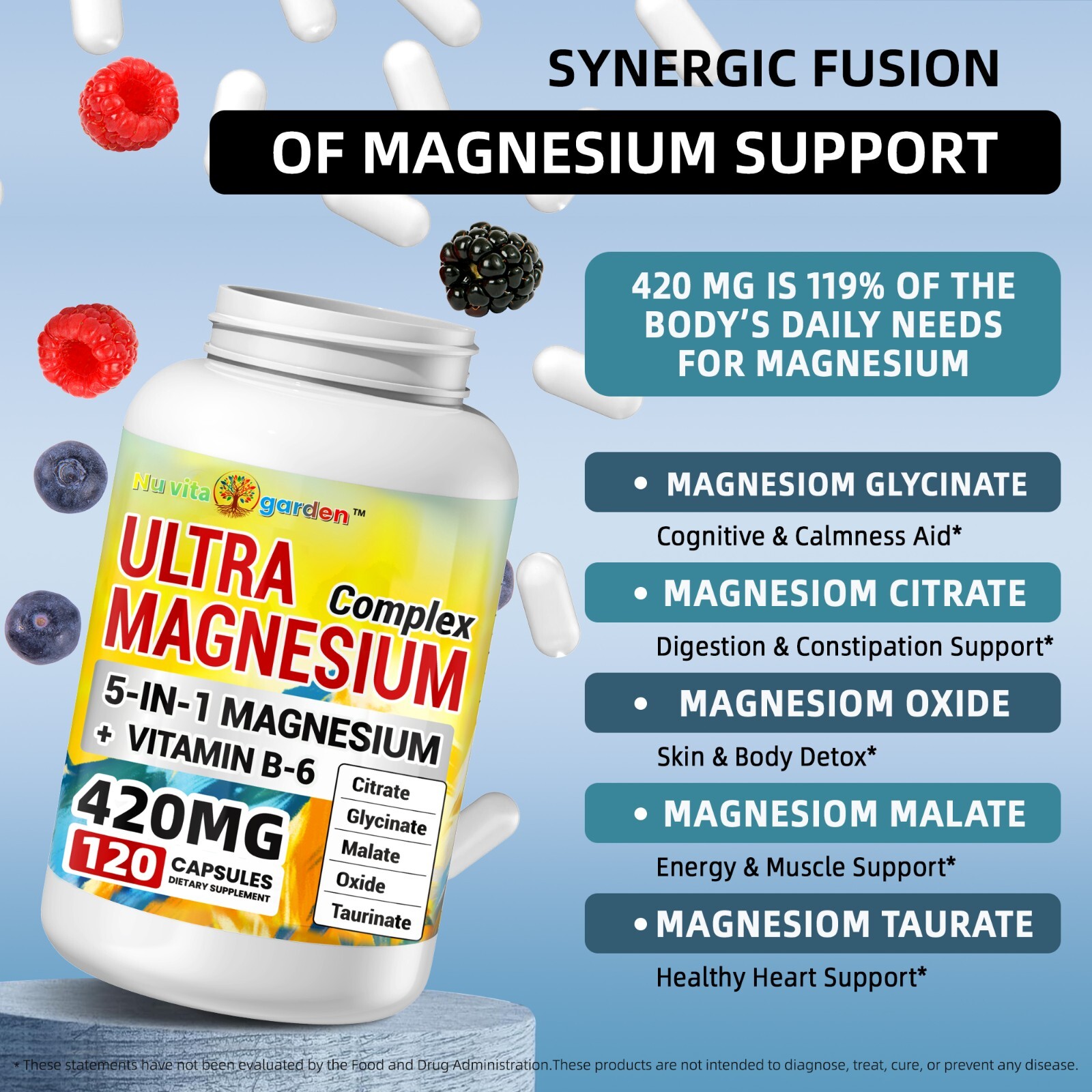 420mg 5-in-1 Magnesium Complex Supplement for Energy, Sleep & Bone Health