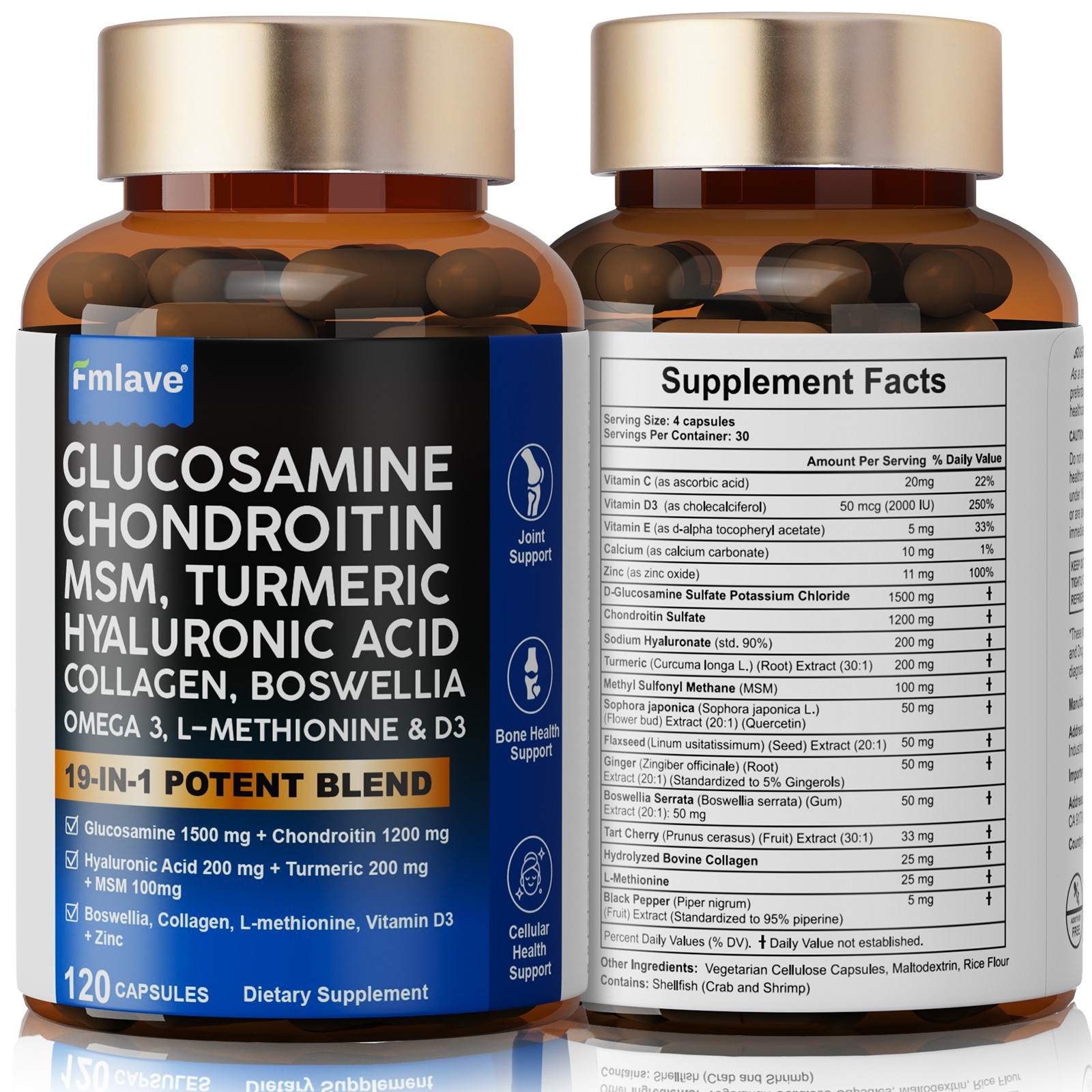 120 Triple Strength Glucosamine Chondroitin MSM Collagen Boswellia TUMERIC D & C