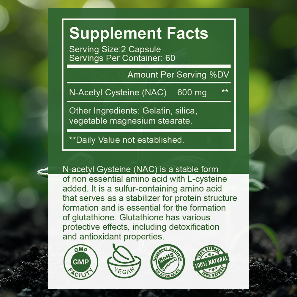 N-Acetyl L-Cysteine ( NAC) 240 CAPS Gluten free 600Mg 2 bottles Non GMO 240 Cap