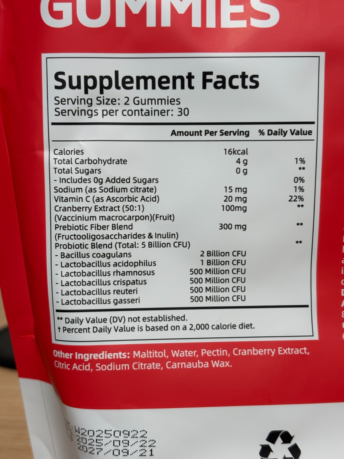 Cranberry Probiotic Gummies for Women 60 Count 5 Billion CFU Prebiotic Fiber