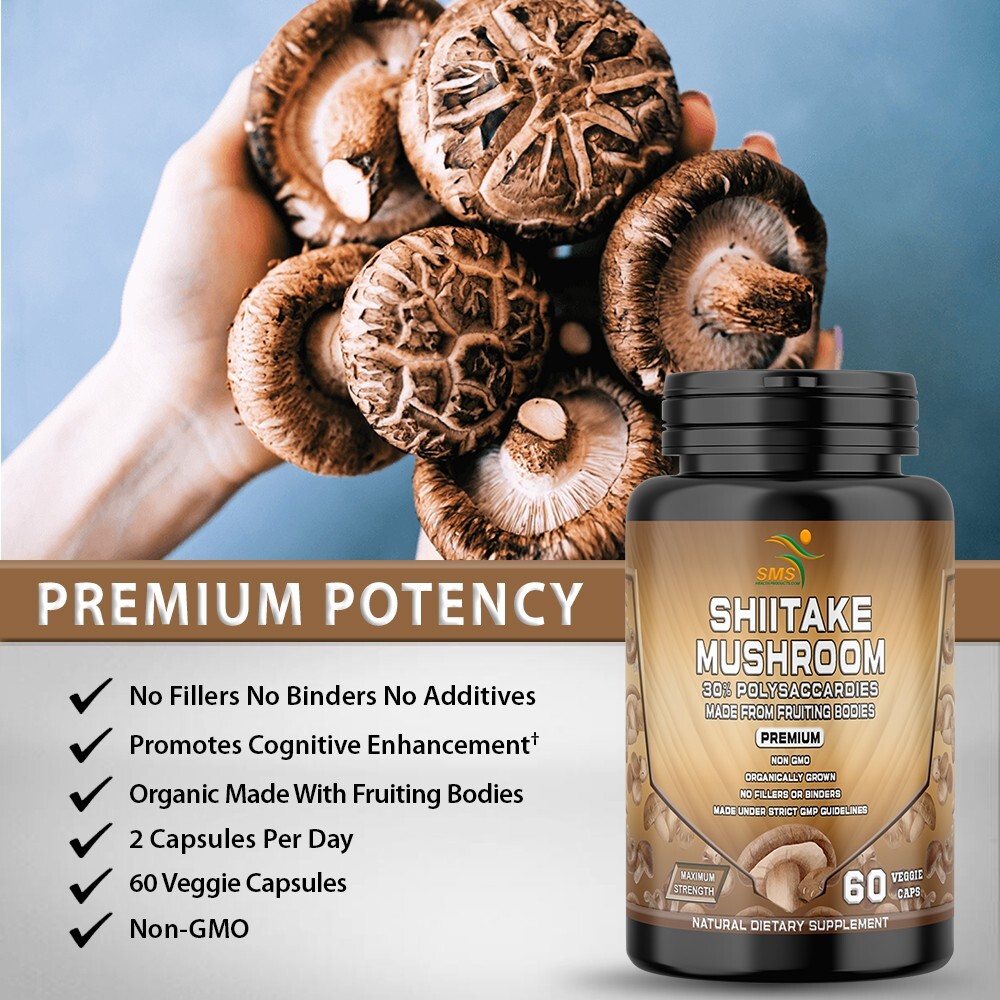 Organic Shiitake Mushroom Capsules 1,000mg 30% Polysaccharides Fruiting Bodies