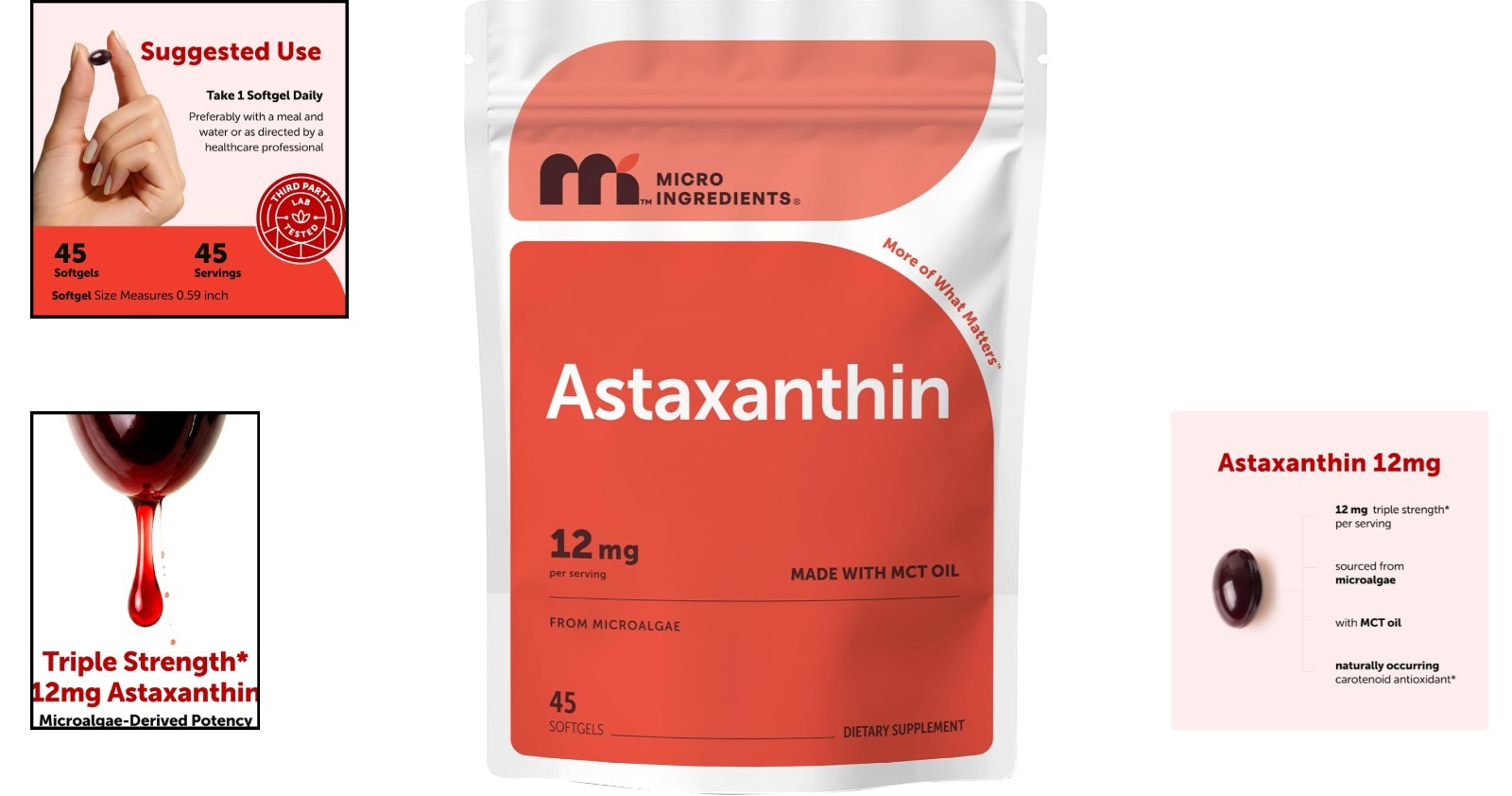 Triple Strength Astaxanthin 12mg Softgels Infused with MCT Oil – 45 Count