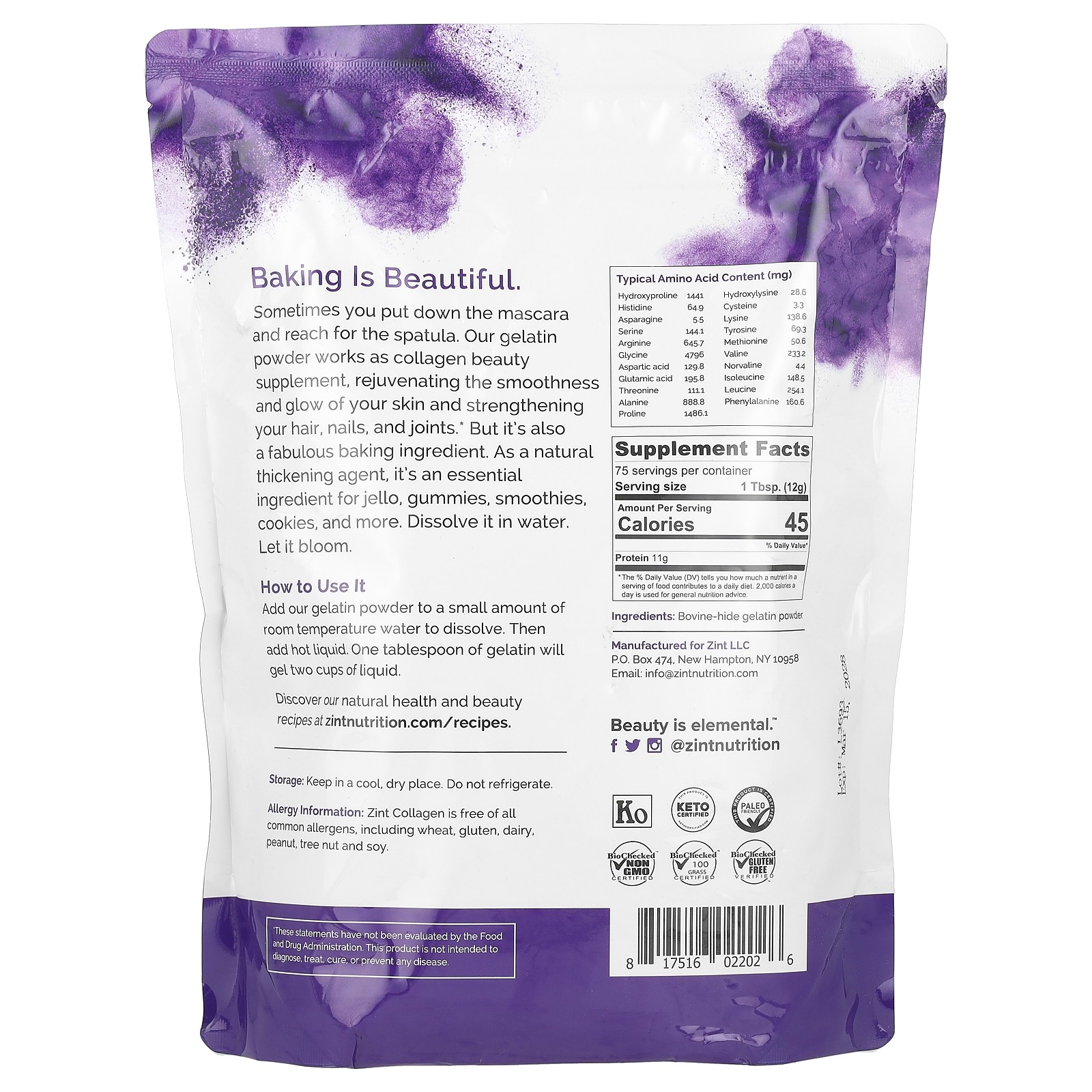 Zint Beef Gelatin Pure Protein 32 oz 907 g Dairy-Free, Gluten-Free, Grass-Fed,