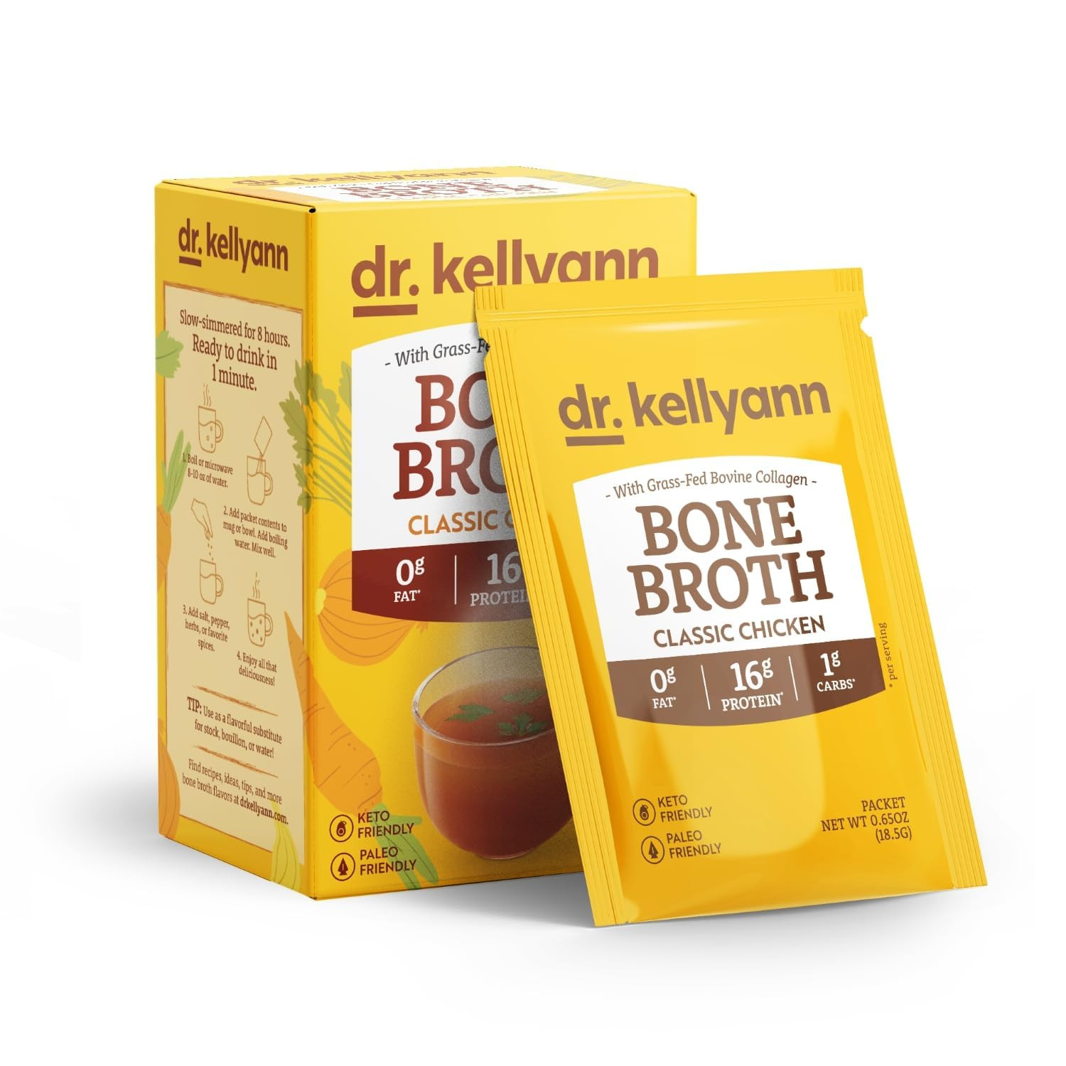 Dr. Kellyann Bone Broth Collagen Powder Packets (7 Servings) – 16G Protein, Gras