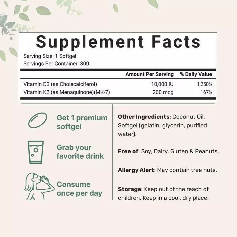 vitamins D3 10000 iu Plus K2 (MK-7) 200 mcg, 300 Virgin Coconut Oil Softgels
