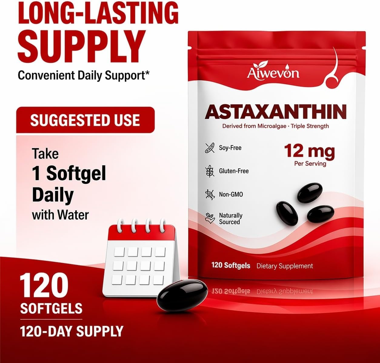 Clean Astaxanthin 12mg Softgels – 120 Count for Comprehensive Health Support