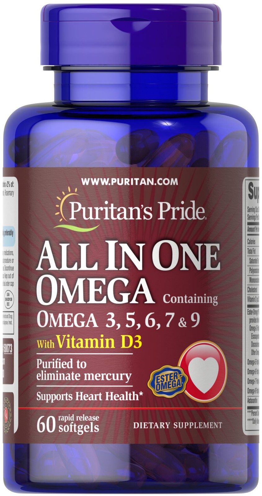 Puritan’s Pride All In One Omega 3, 5, 6, 7 & 9 with Vitamin D3 – 60 Softgels