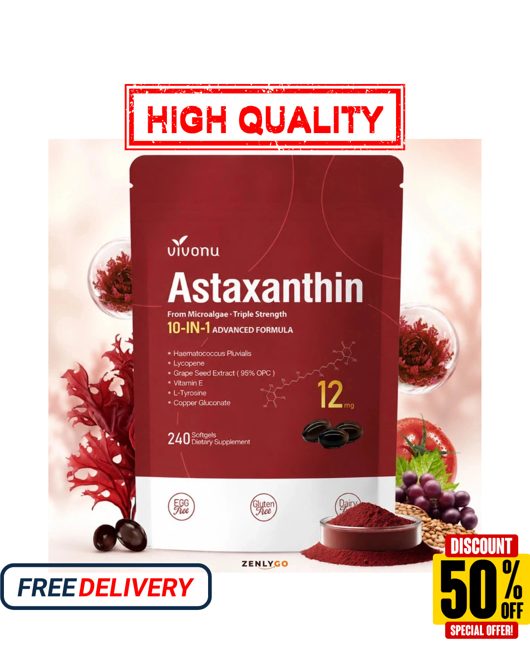 Astaxanthin 12mg 240 Softgels, 4 Month Supply,Triple Strength,Non-GMO,Eye Health