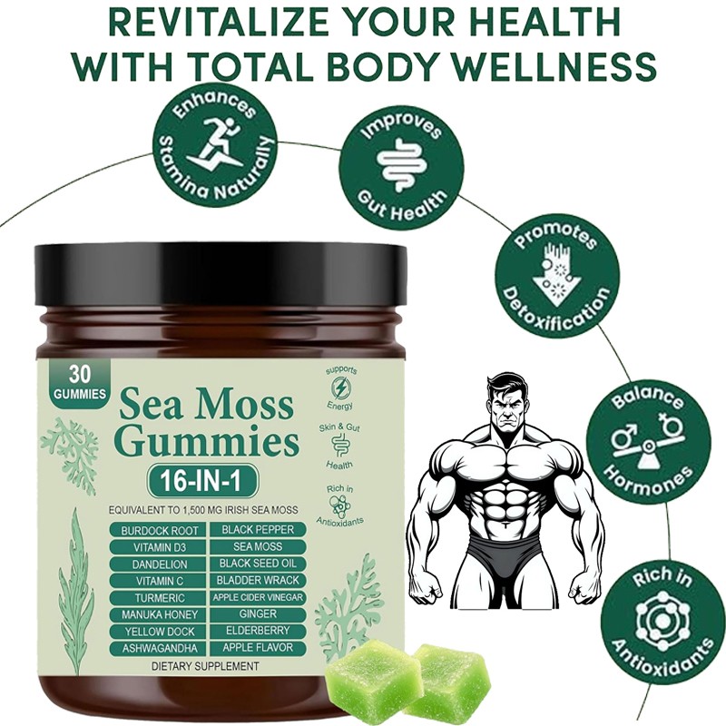 Sea Moss Gummies 16-in-1, Sea Moss Blend with Black Seed Oil-Green Apple Flavor
