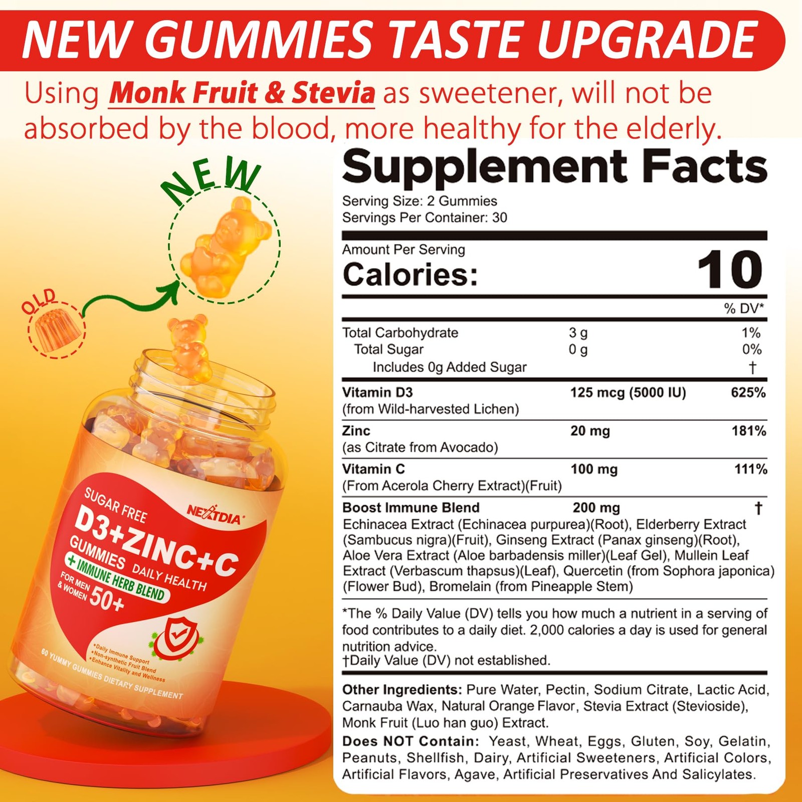 Sugar Free Vitamin C + D3 + Zinc Gummies for Adults 50 60 Count (Pack of 2)