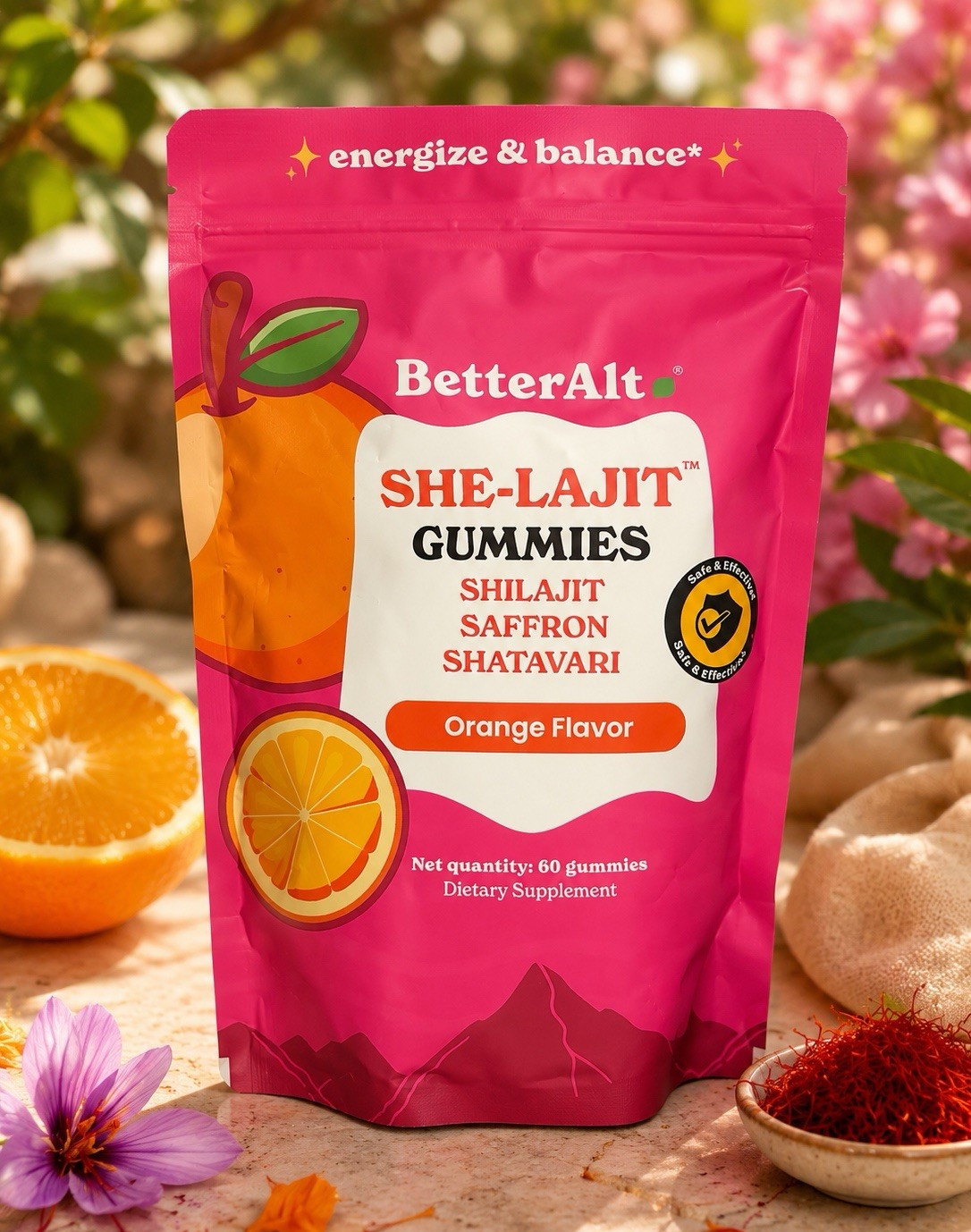 BetterAlt SHE-LAJIT Gummies Shilajit Saffron Shatavari Orange 60 Dietary Supp