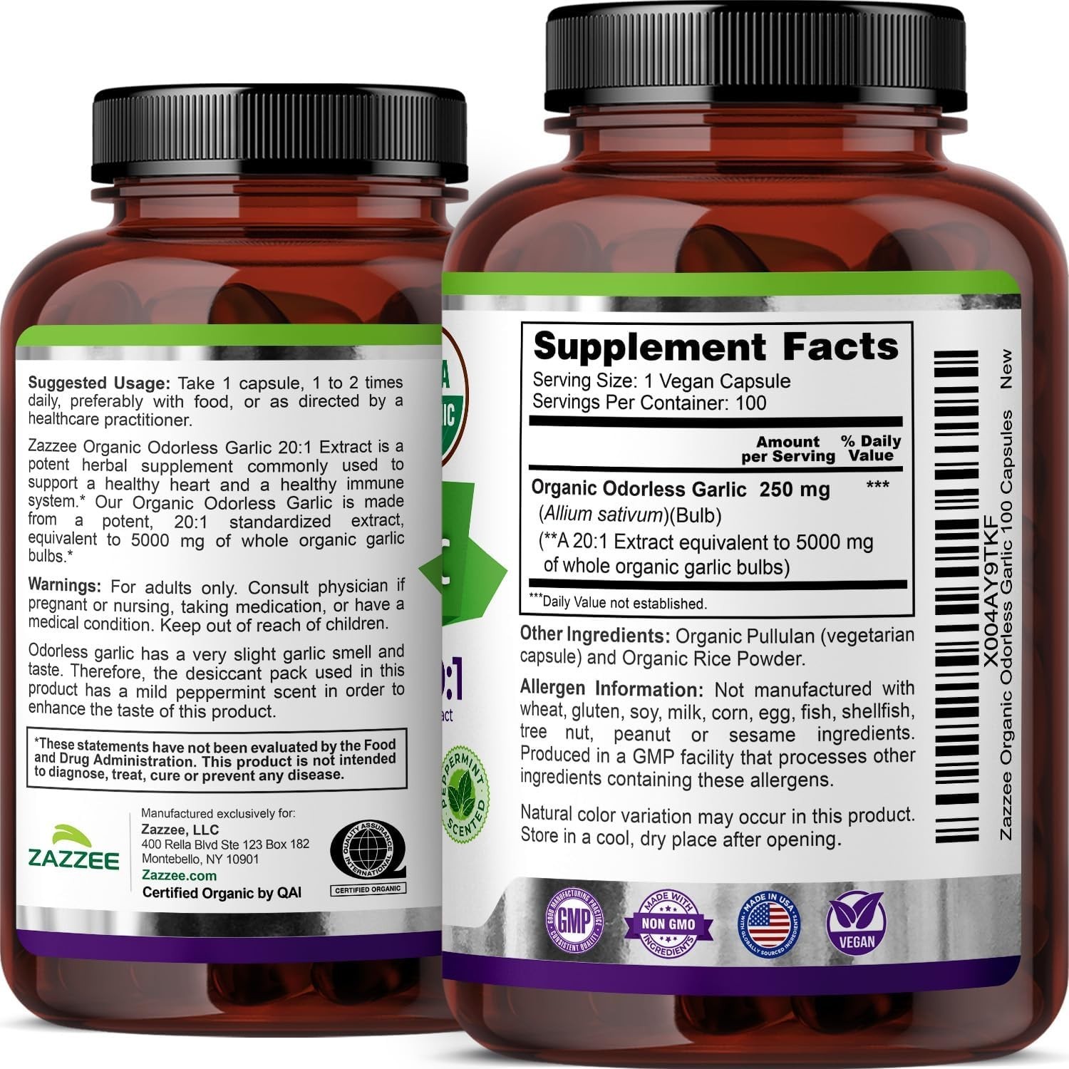 Organic Odorless Garlic Capsules – 5000 mg Strength, Peppermint-Scented, Non-GMO