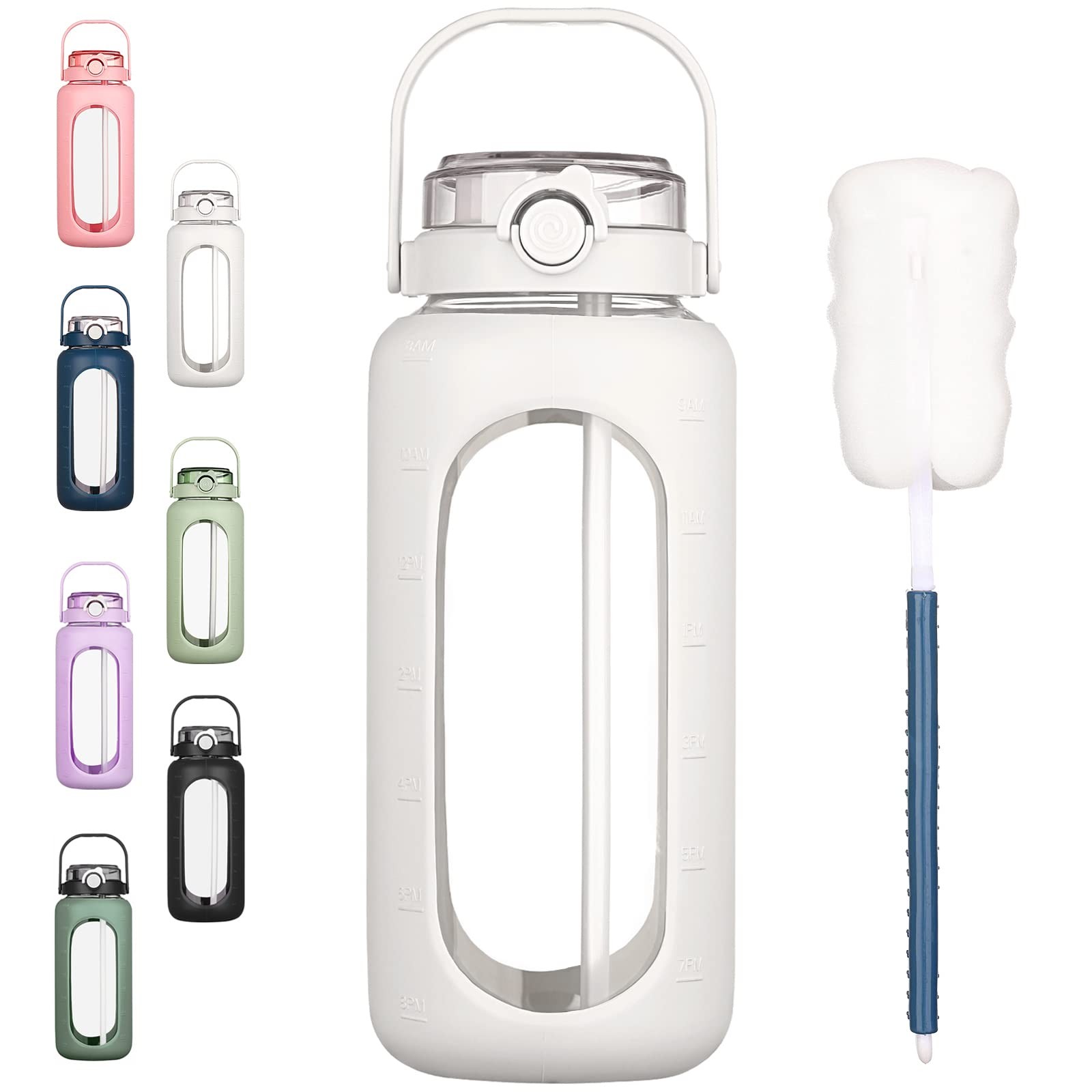 BLUEGO 64oz Glass Water Bottles with Straw Time Marker 60.9 Ounces, White