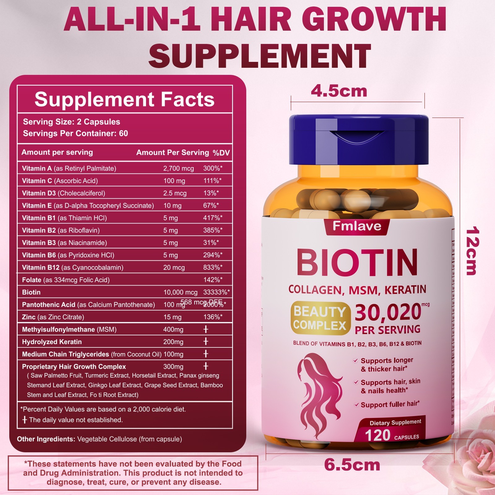 Hair Growth Vitamins for Women Men | Biotin 10,000mcg, Collagen Keratin 120 caps