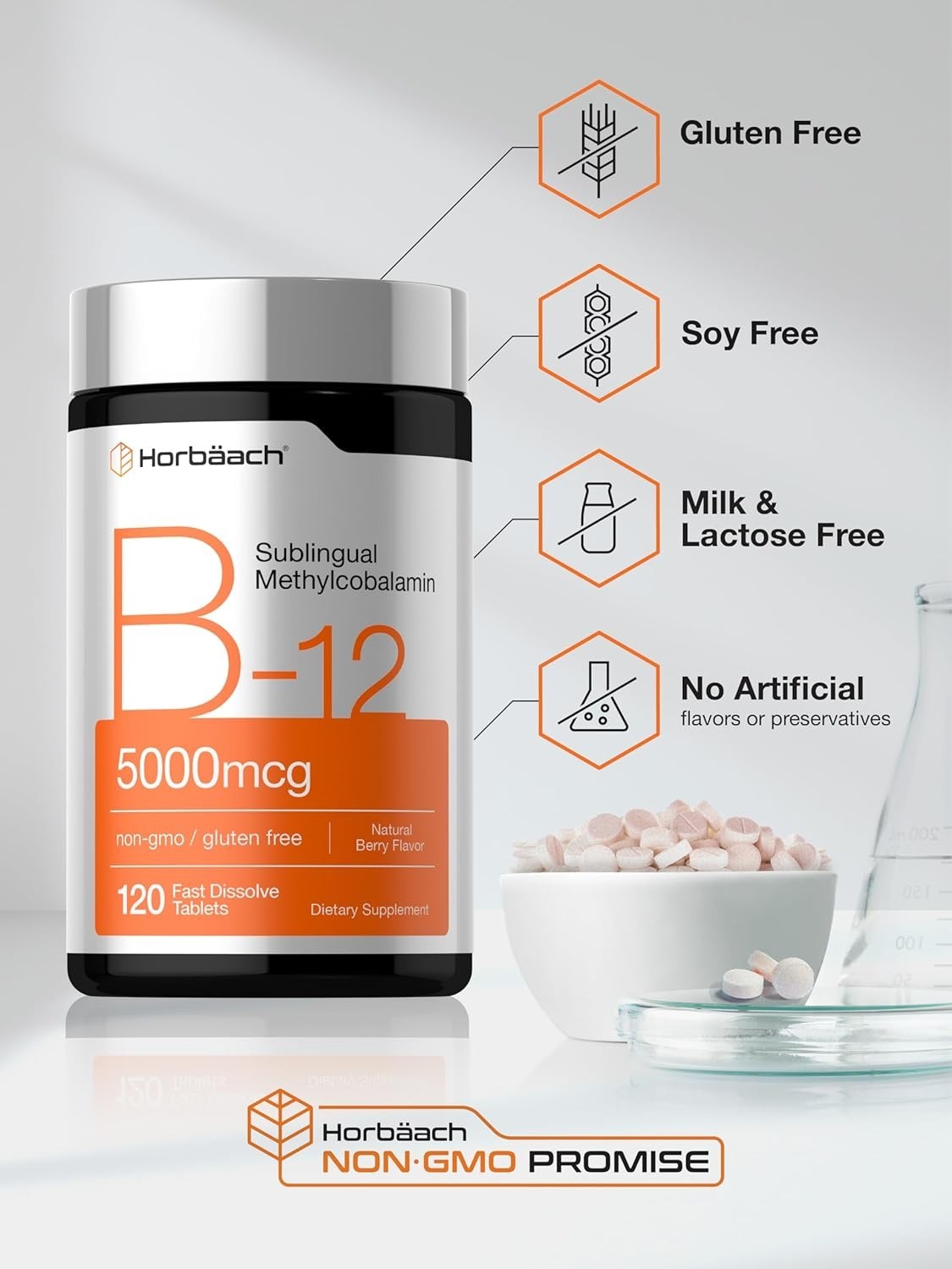 B12 Sublingual Methylcobalamin | 5000mcg | 120 Dissolvable Tablets | by Horbaach