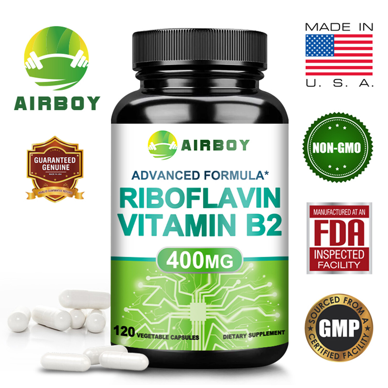 Riboflavin Vitamin B2 400mg Capsules-Natural Energy Booster,Gluten Free,Non-GMO