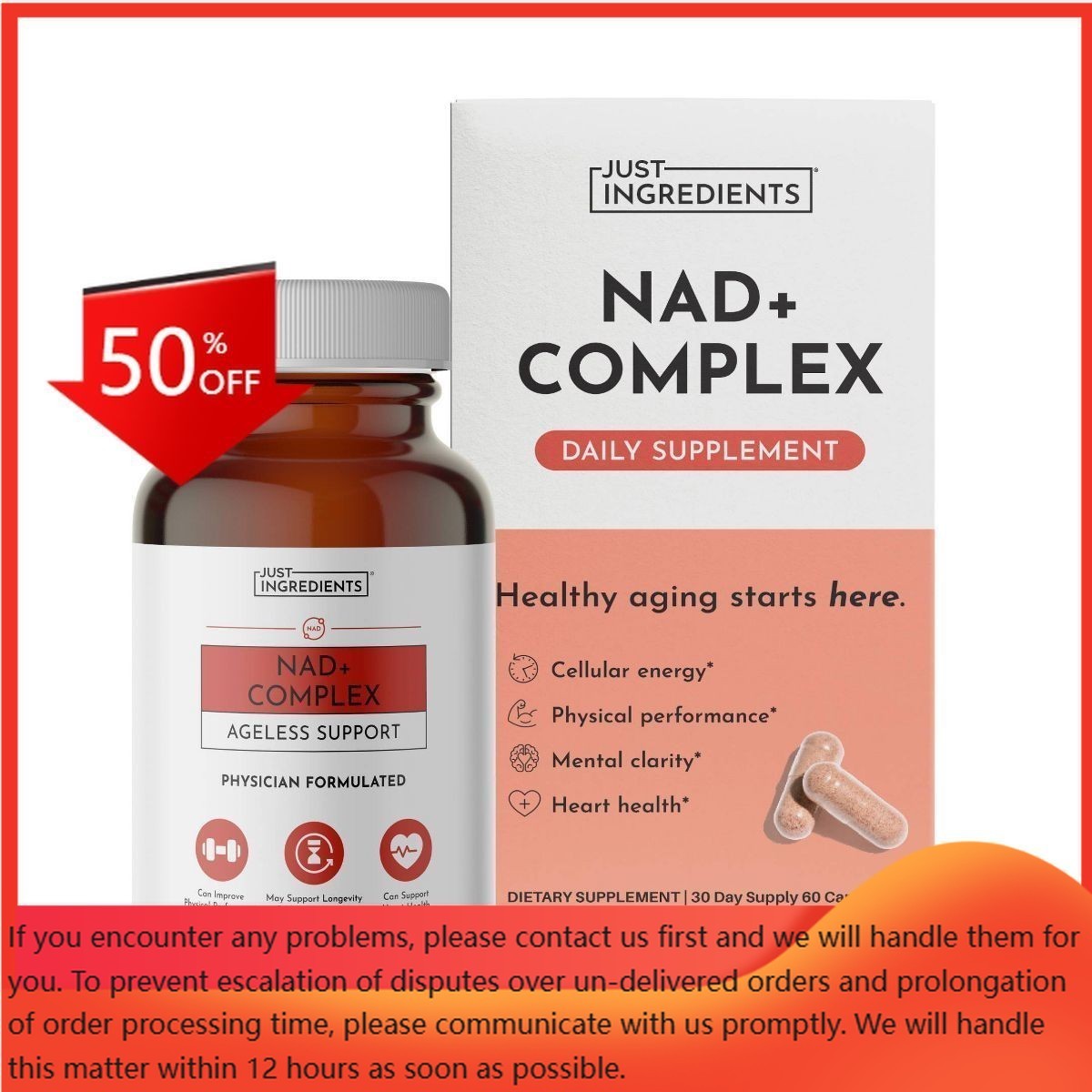 Just Ingredients NAD+ Complex Supplement Capsules – 60ct – 30 Servings
