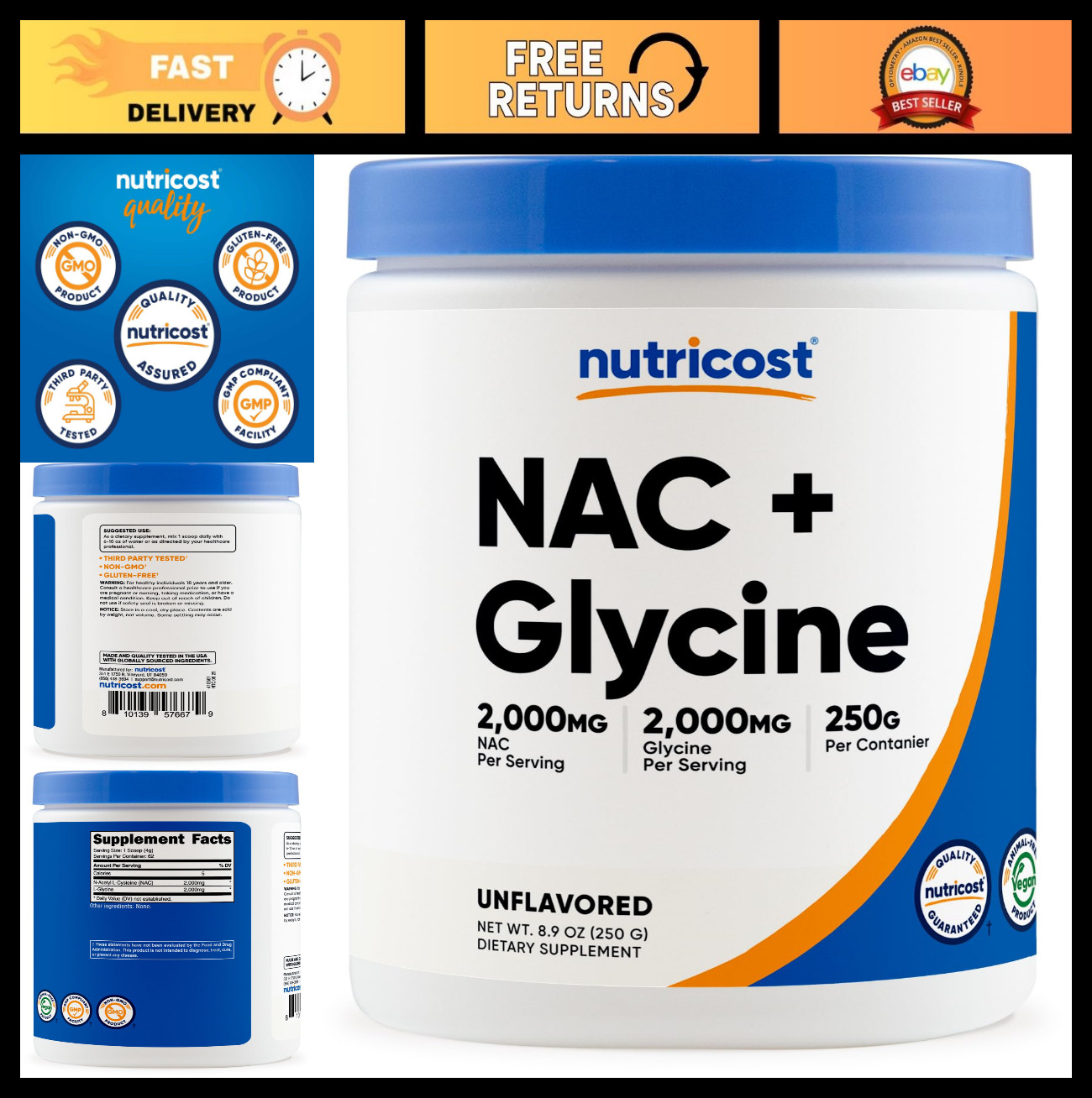 NAC + Glycine Powder 250g | Unflavored, Vegan, Gluten-Free, 2000mg per Serving,