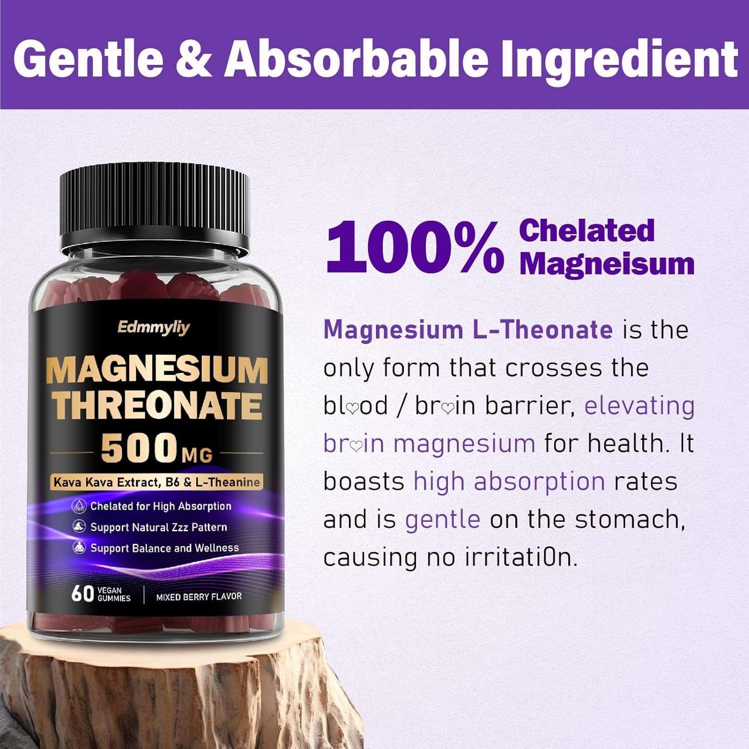 Magnesium Threonate Gummies Supplement – 500mg – Mixed Berry Flavor – 60 gummies