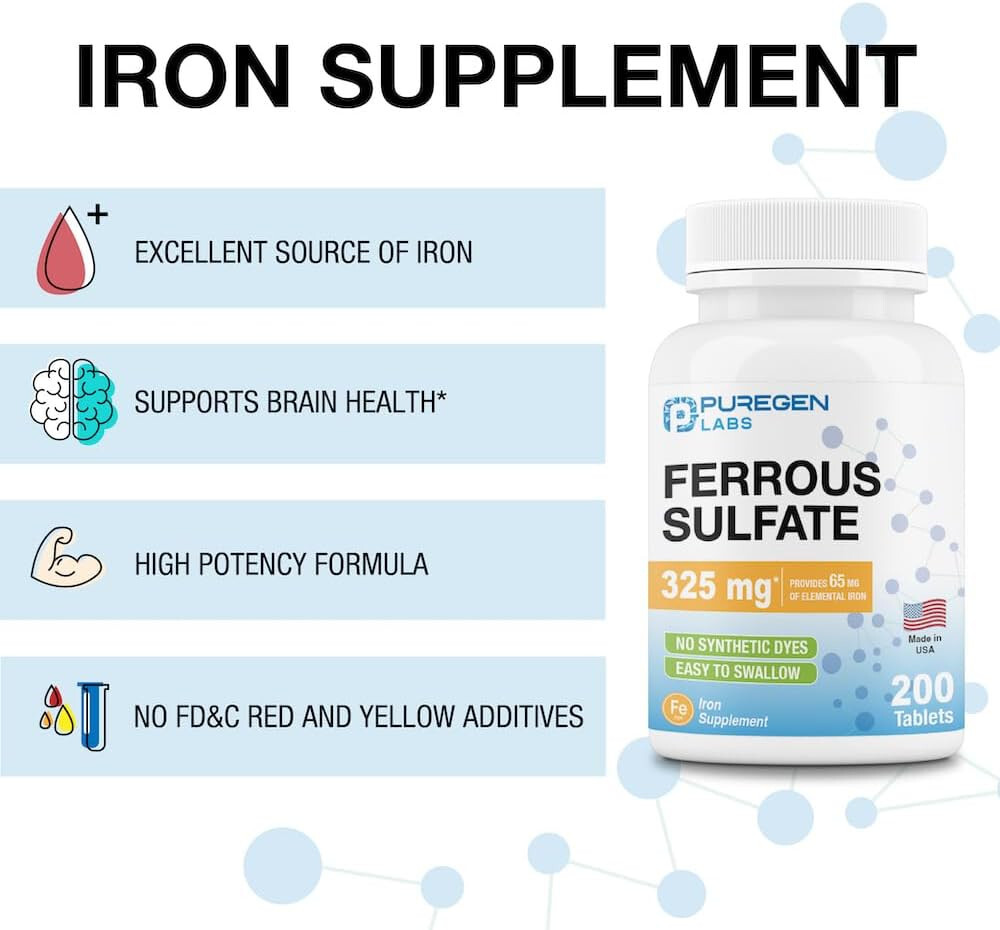 Puregen Ferrous Sulfate 325 mg 65 mg Elemental Iron High Potency Iron 200 Tabs