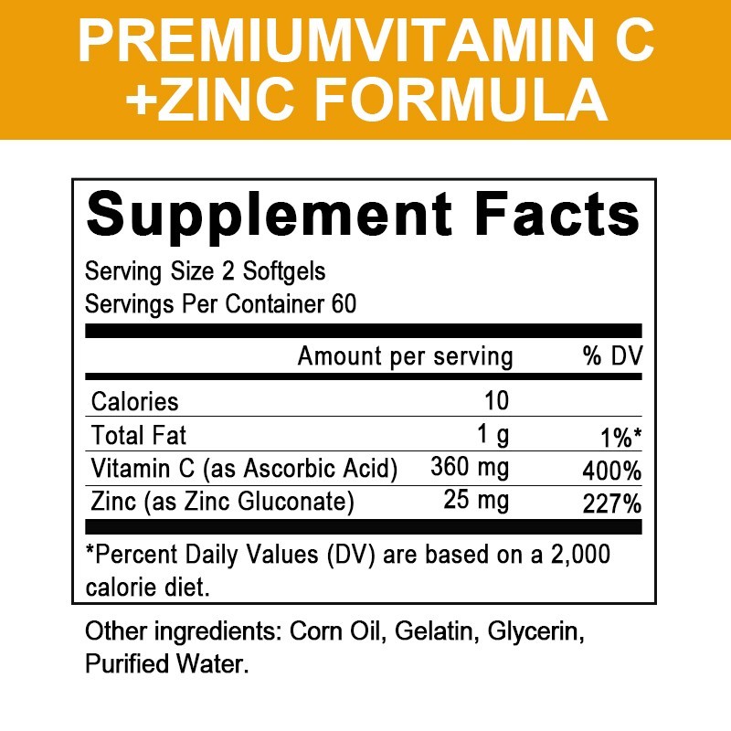 Vitamin C and Zinc Supplement Zinc 25mg, Vitamin C 360mg per Serving